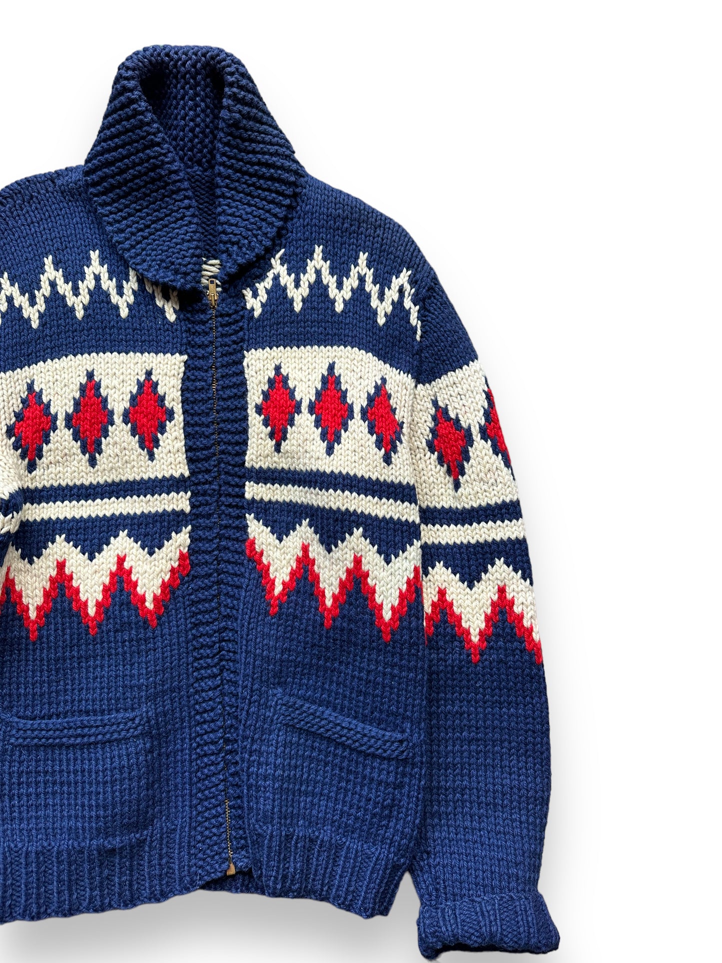 Front Left View of Vintage Cowichan Style Blue & Red Sweater SZ M | Barn Owl Vintage | Seattle Vintage Sweaters