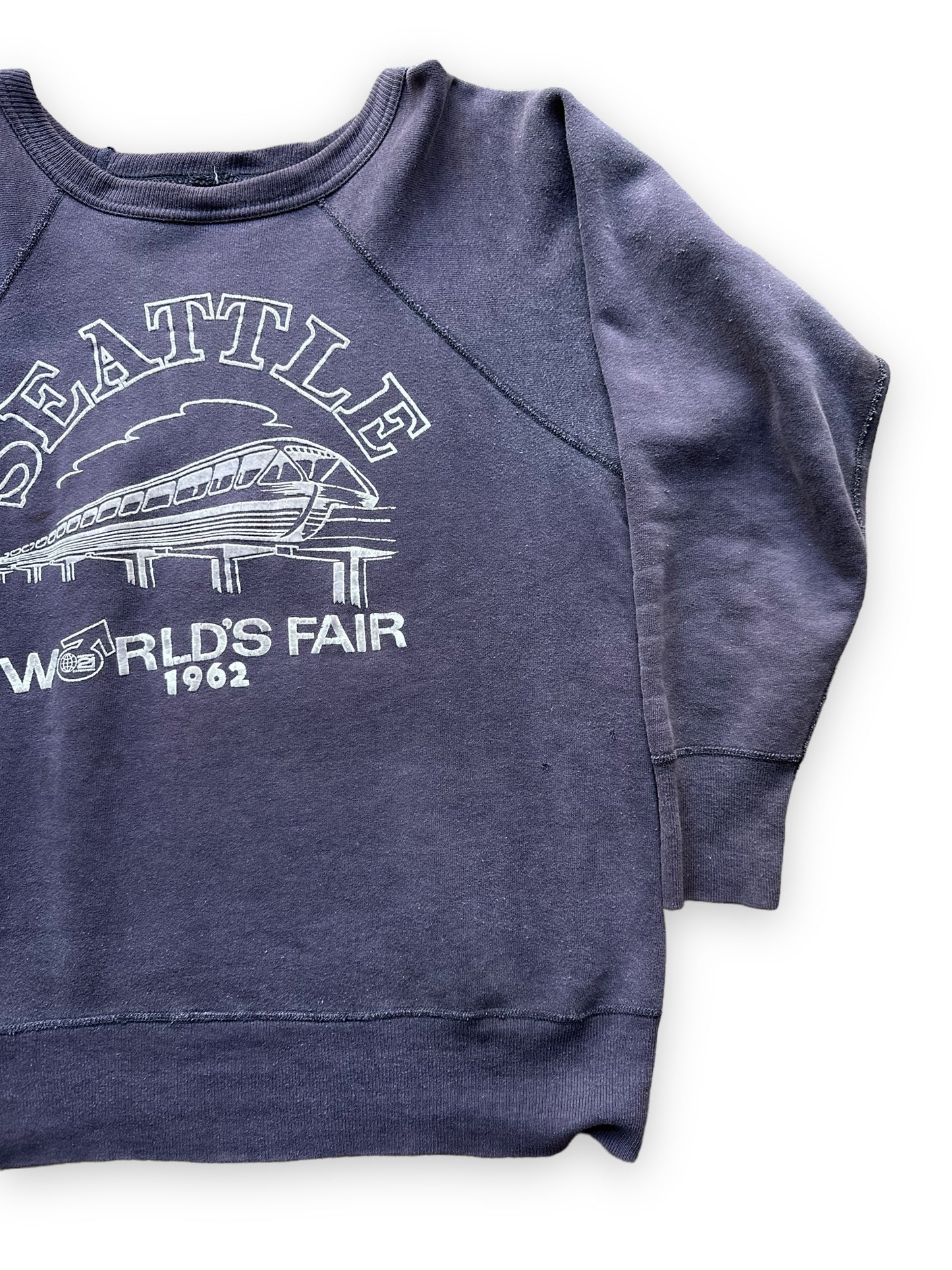 Left Front View on Vintage Original Flocked Seattle World's Fair 1962 Navy Blue Crewneck | Vintage Sweatshirts Seattle | Barn Owl Vintage