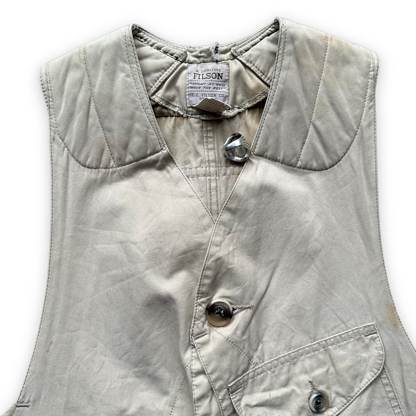 Upper Front View of Filson Half Moon Vest With Leather Additions SZ M |  Vintage Filson Seattle | Barn Owl Vintage Seattle