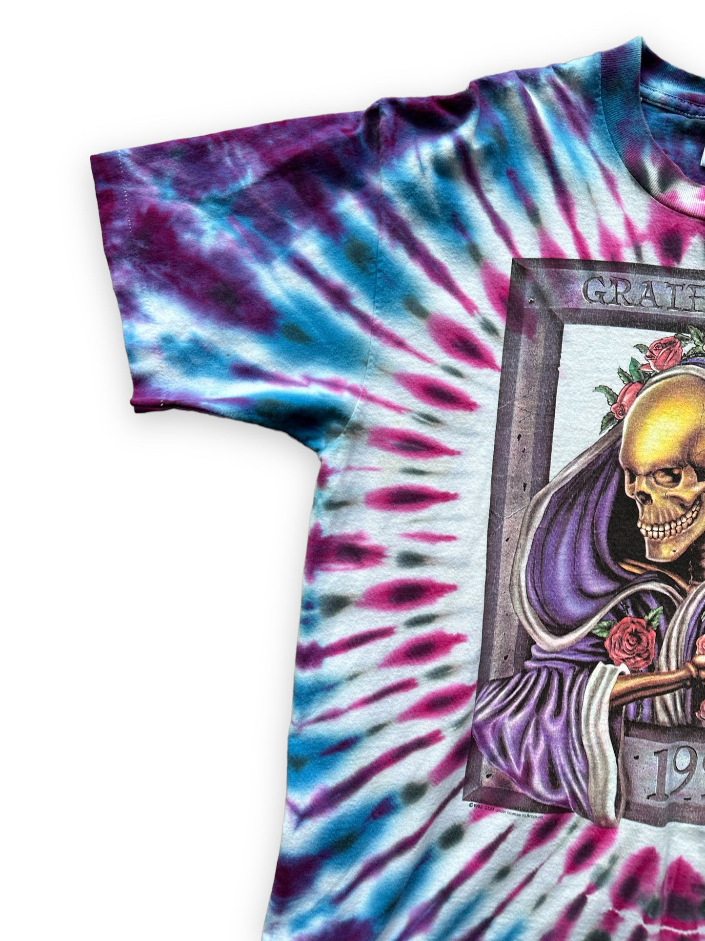 Front Right Sleeve View on Vintage Single Stitch Grateful Dead 1992 NYE Tie Dye Tee SZ XL | Vintage Grateful Dead Tee Seattle | Barn Owl Vintage