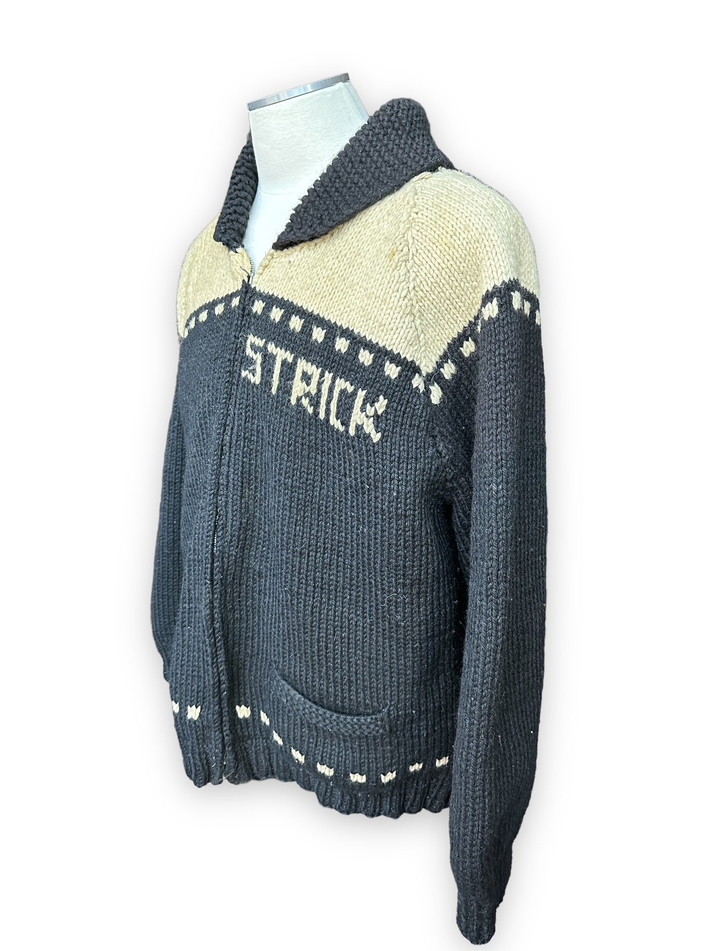 Front Left View of Vintage Trucker Wool Cowichan SZ XL | Vintage Cowichan Sweaters Seattle | Barn Owl Vintage Seattle