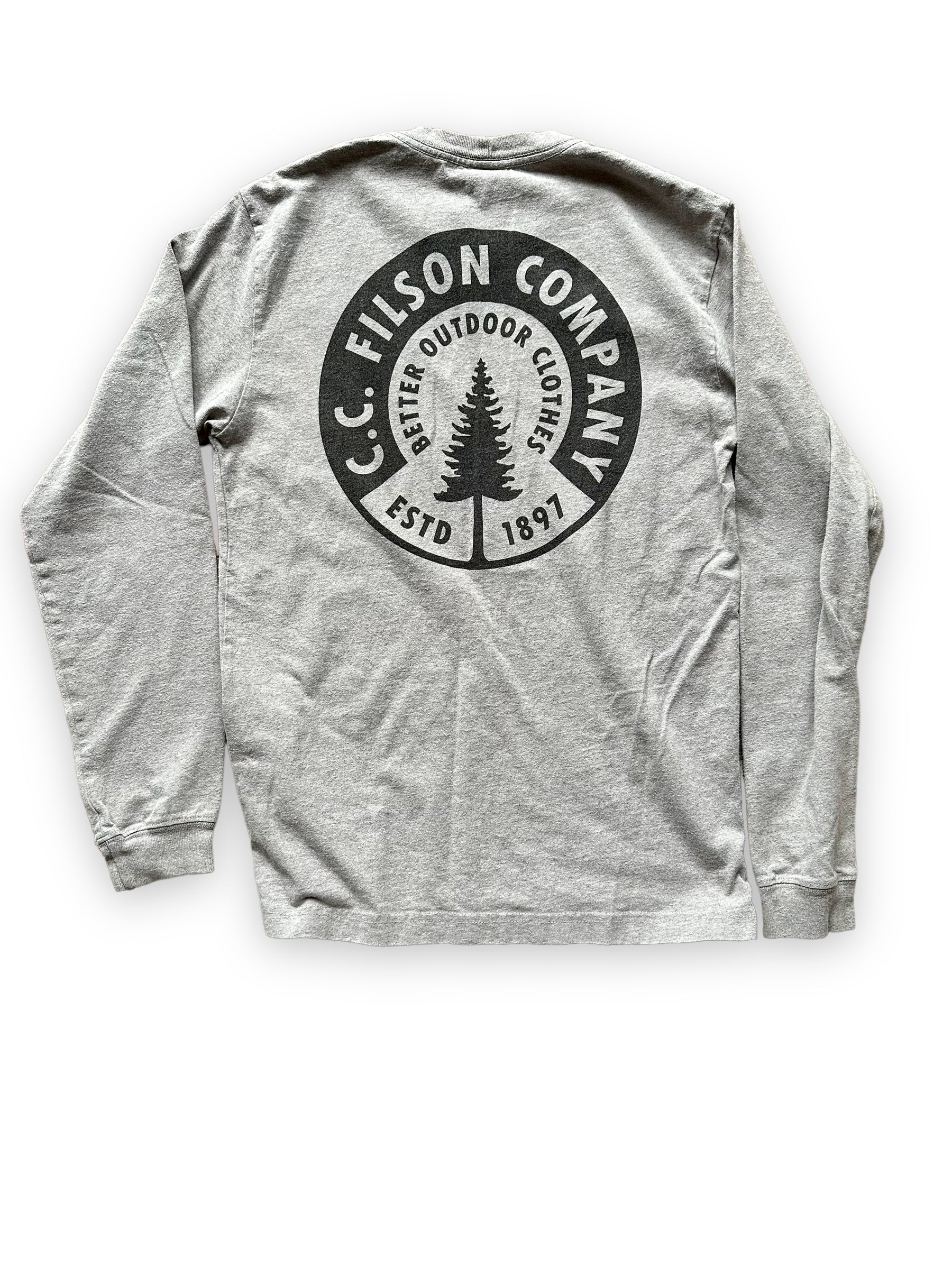 Rear View of Filson Long Sleeve Heather Grey Tee SZ XS  |  Barn Owl Vintage Goods | Filson Graphic Tees Seattle