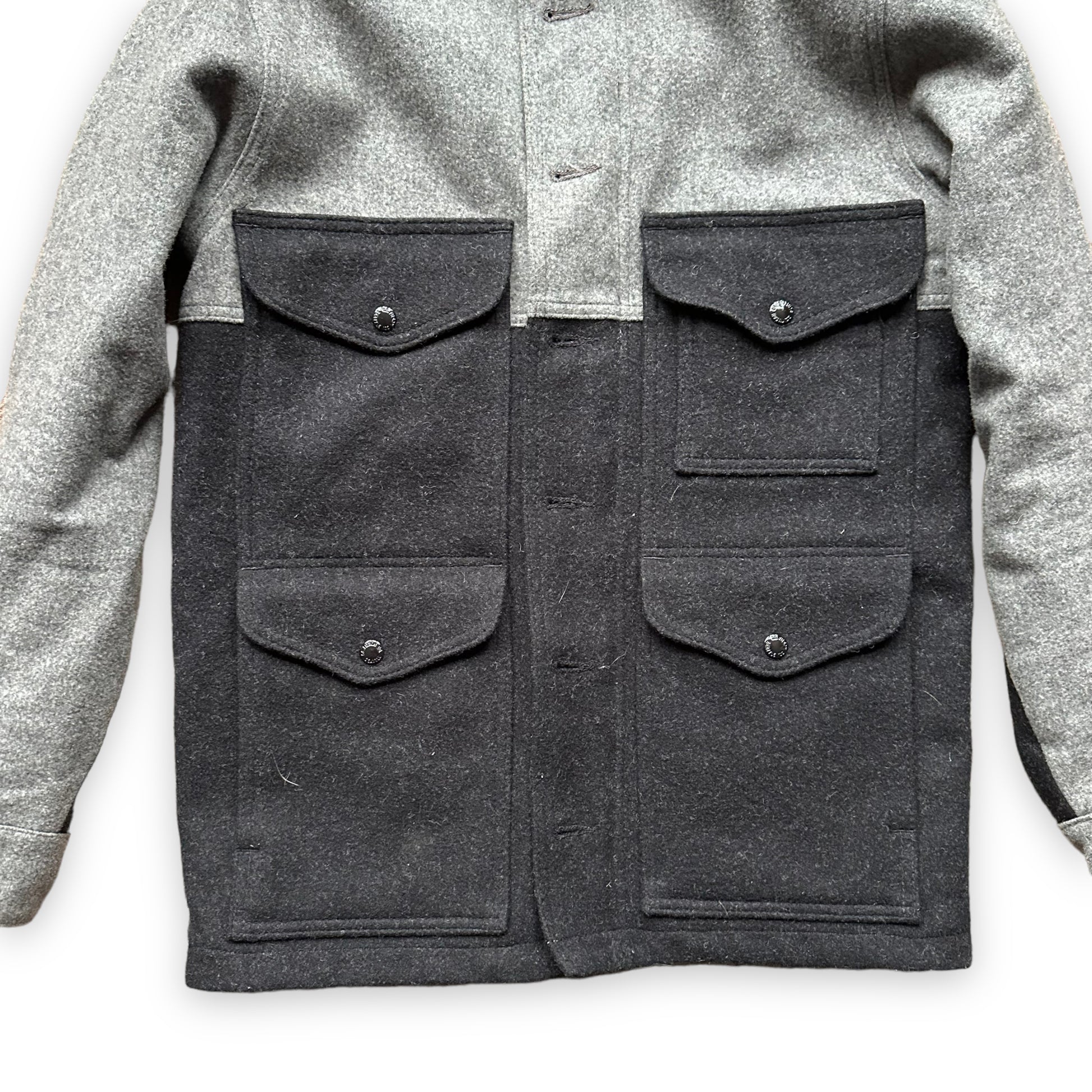 Lower Front View on Filson Black and Grey Mackinaw Wool Cruiser SZ XS |  Filson Jackets Seattle | Barn Owl Vintage