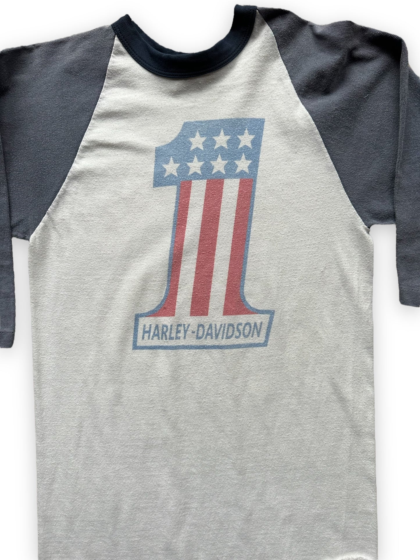 Front Detail on Vintage 1970s/80s Harley Davidson #1 Raglan Shirt SZ M | Vintage Harley Raglan Tee | Barn Owl Vintage Seattle