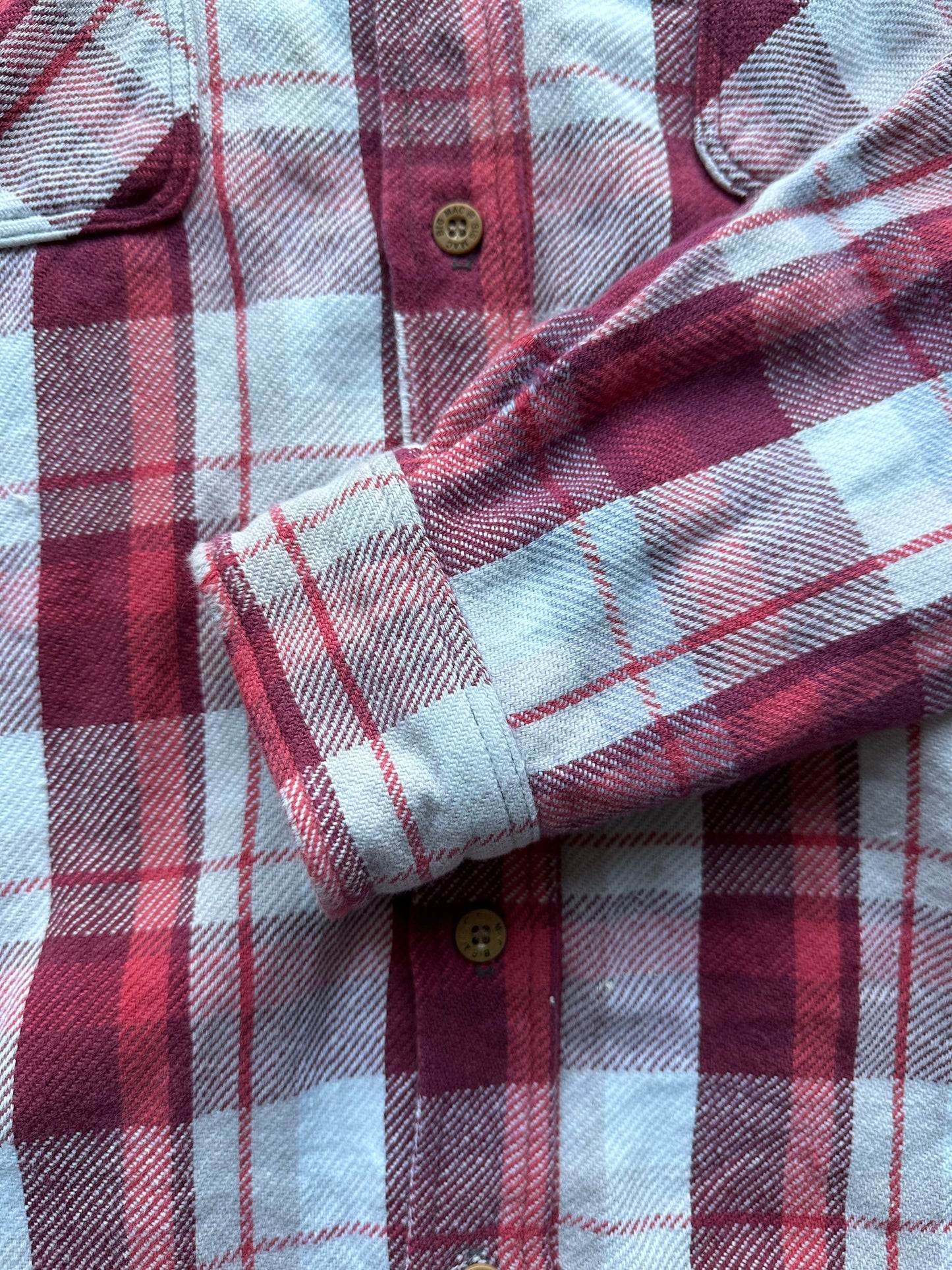 Left Cuff View of Vintage Pink and Light Purple Big Mac Cotton Flannel SZ XL Tall | Barn Owl Vintage Seattle | Vintage Cotton Flannel Seattle