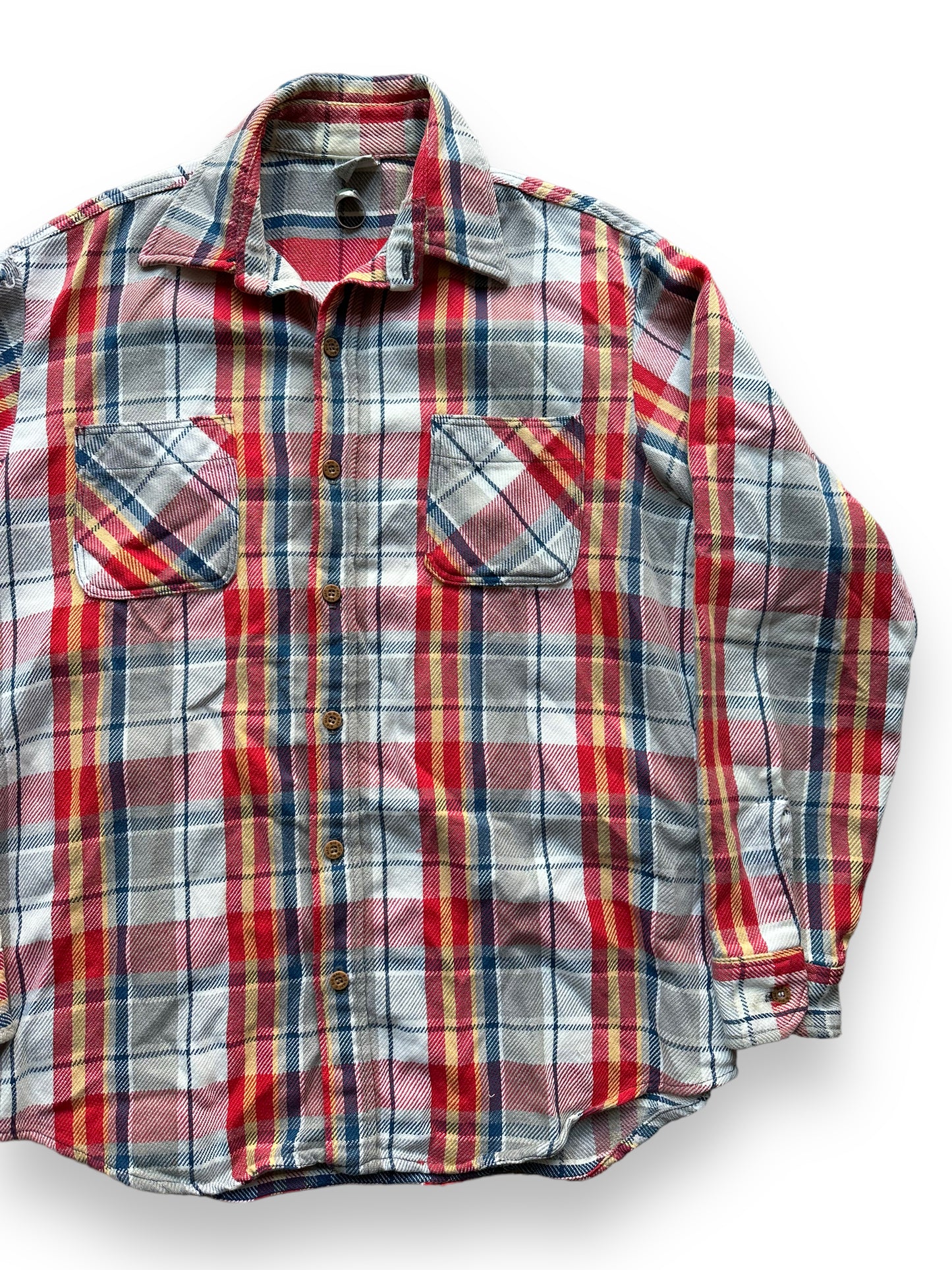 Front Left View of Vintage Grey, Red, Yellow & Blue Big Mac Cotton Flannel SZ L Tall | Vintage Cotton Flannel Seattle | Barn Owl Vintage Seattle