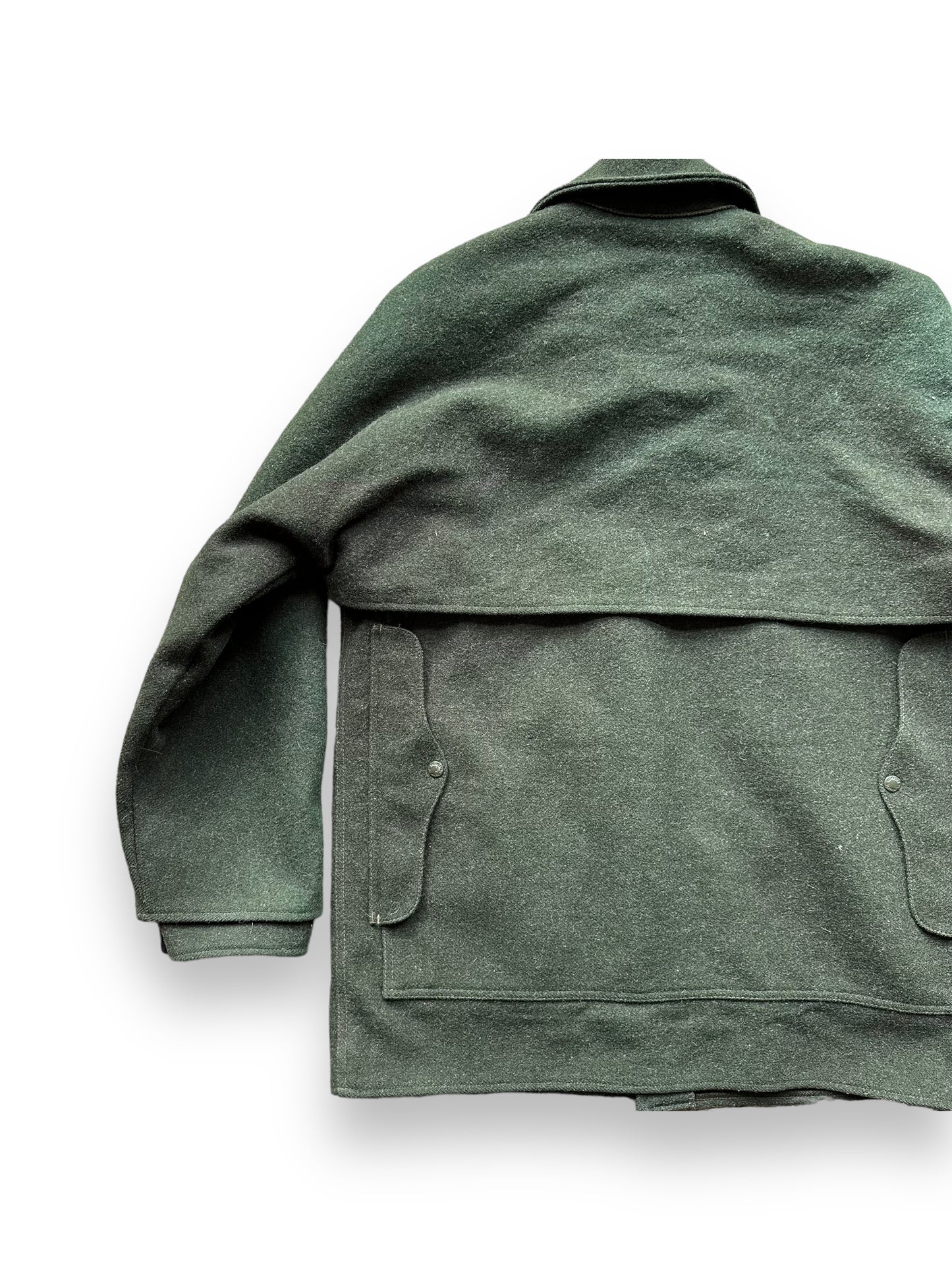Left Rear View of Vintage Filson Forest Green Double Mackinaw Cruiser SZ 46 XL | Barn Owl Vintage Goods | Vintage Workwear Seattle