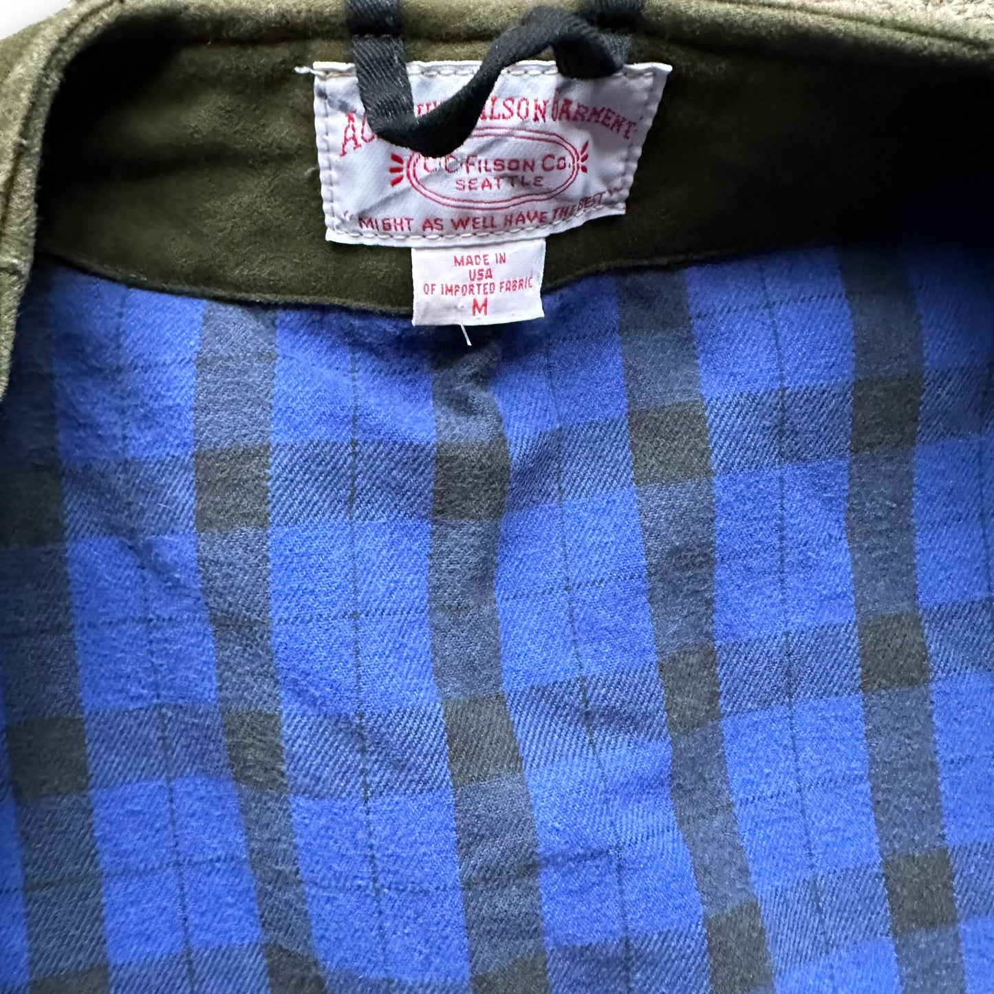 Tag View of Filson Flannel Lined Moleskin Vest SZ M | Barn Owl Vintage Goods | Vintage Filson Workwear Seattle
