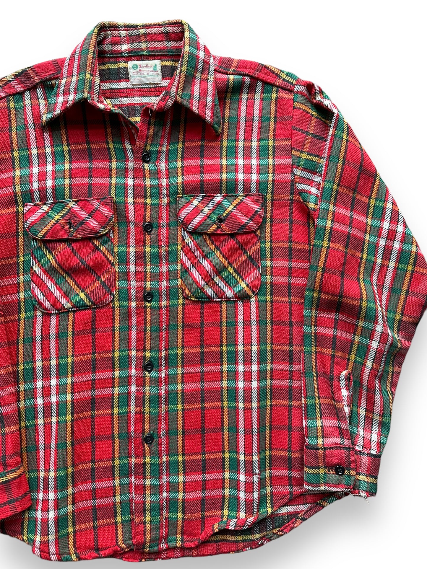 Front Left View of Vintage 5 Brothers Red and Green Cotton Flannel SZ M | Vintage Cotton Flannel Seattle | Barn Owl Vintage Seattle
