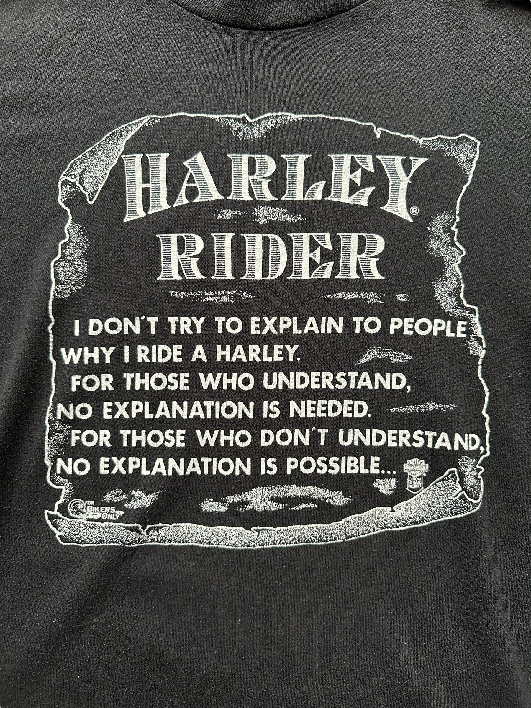 Graphic Close Up on Vintage 1980s Harley Davidson Rider Tee SZ L | Vintage Harley Tee Seattle | Barn Owl Vintage Seattle