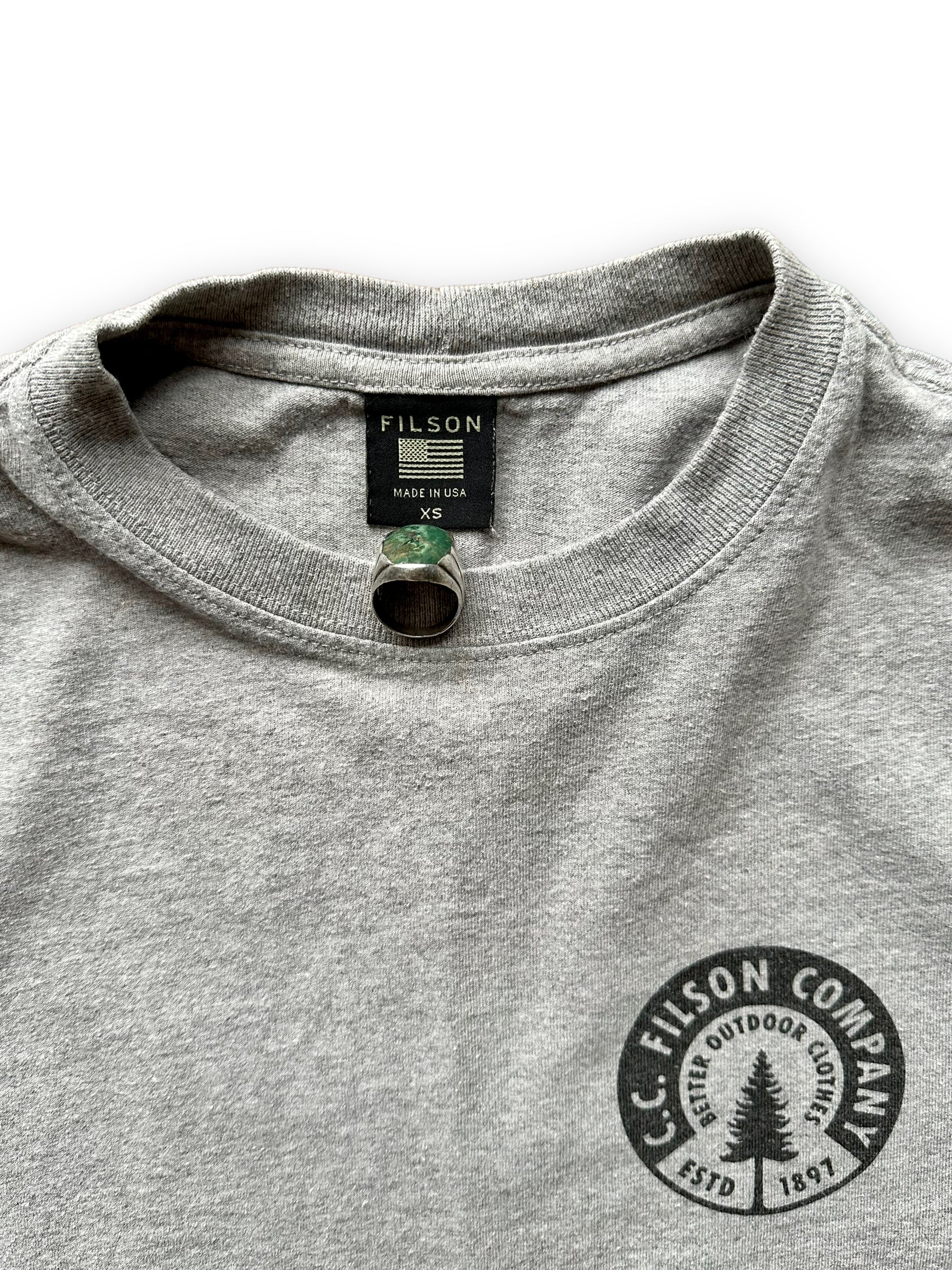 Tag View of Filson Long Sleeve Heather Grey Tee SZ XS  |  Barn Owl Vintage Goods | Filson Graphic Tees Seattle