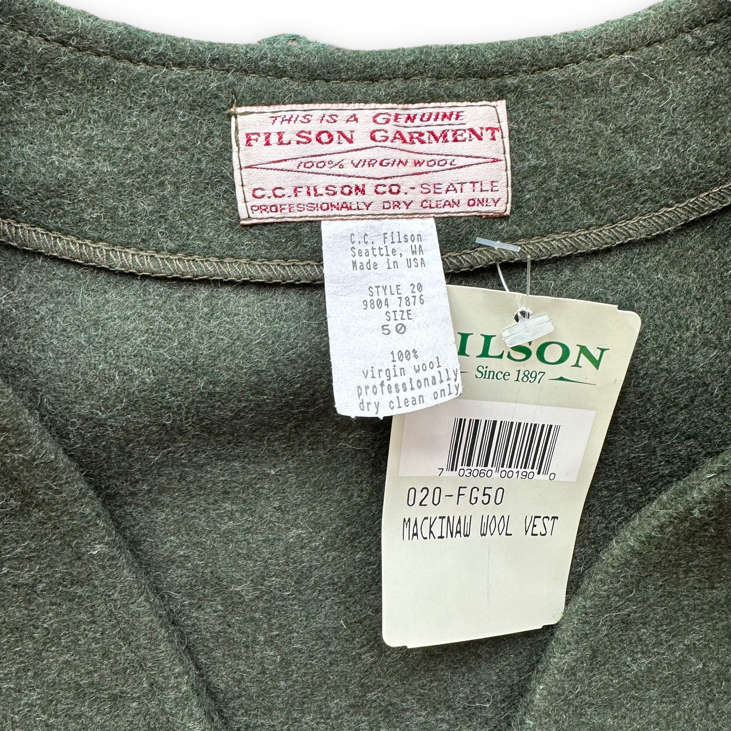 Tag View on Deadstock Vintage Forest Green Mackinaw Vest SZ 50 | Barn Owl Vintage Goods | Vintage Workwear Seattle