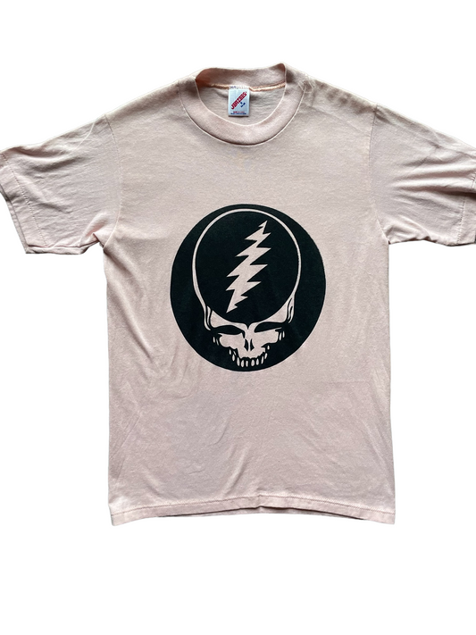 Front View on Vintage Pink Grateful Dead Steal Your Face Parking Lot Boot TShirt SZ S |  Vintage Grateful Dead Tee Seattle | Barn Owl Vintage