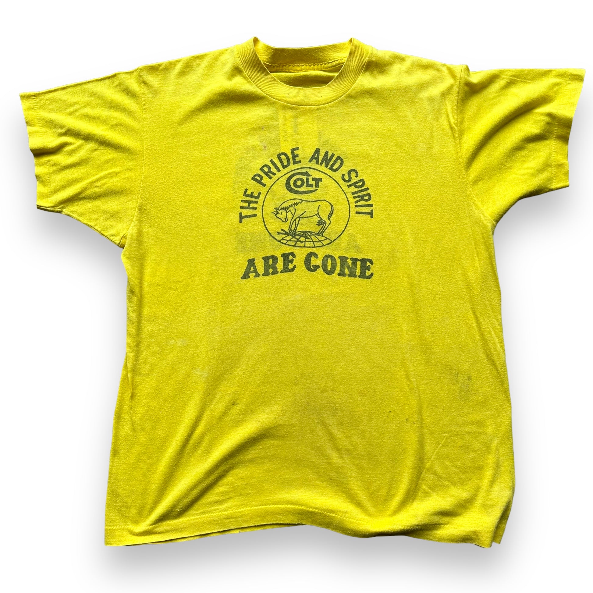 Front View of Vintage Colt "The Pride and Spirit Are Gone" Tee SZ L | Vintage T-Shirts Seattle | Barn Owl Vintage Tees Seattle