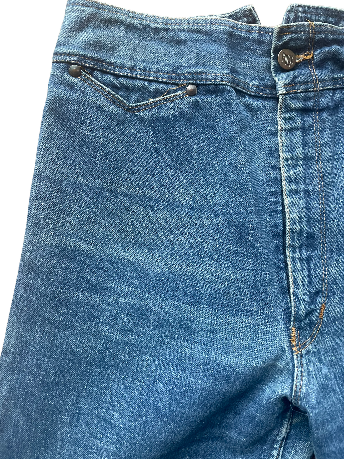 Front right side waist view of Vintage 1970s Pulse By Aero Wide Leg Buckle Back Jeans | Barn Owl Seattle | Vintage Buckle Back Jeans