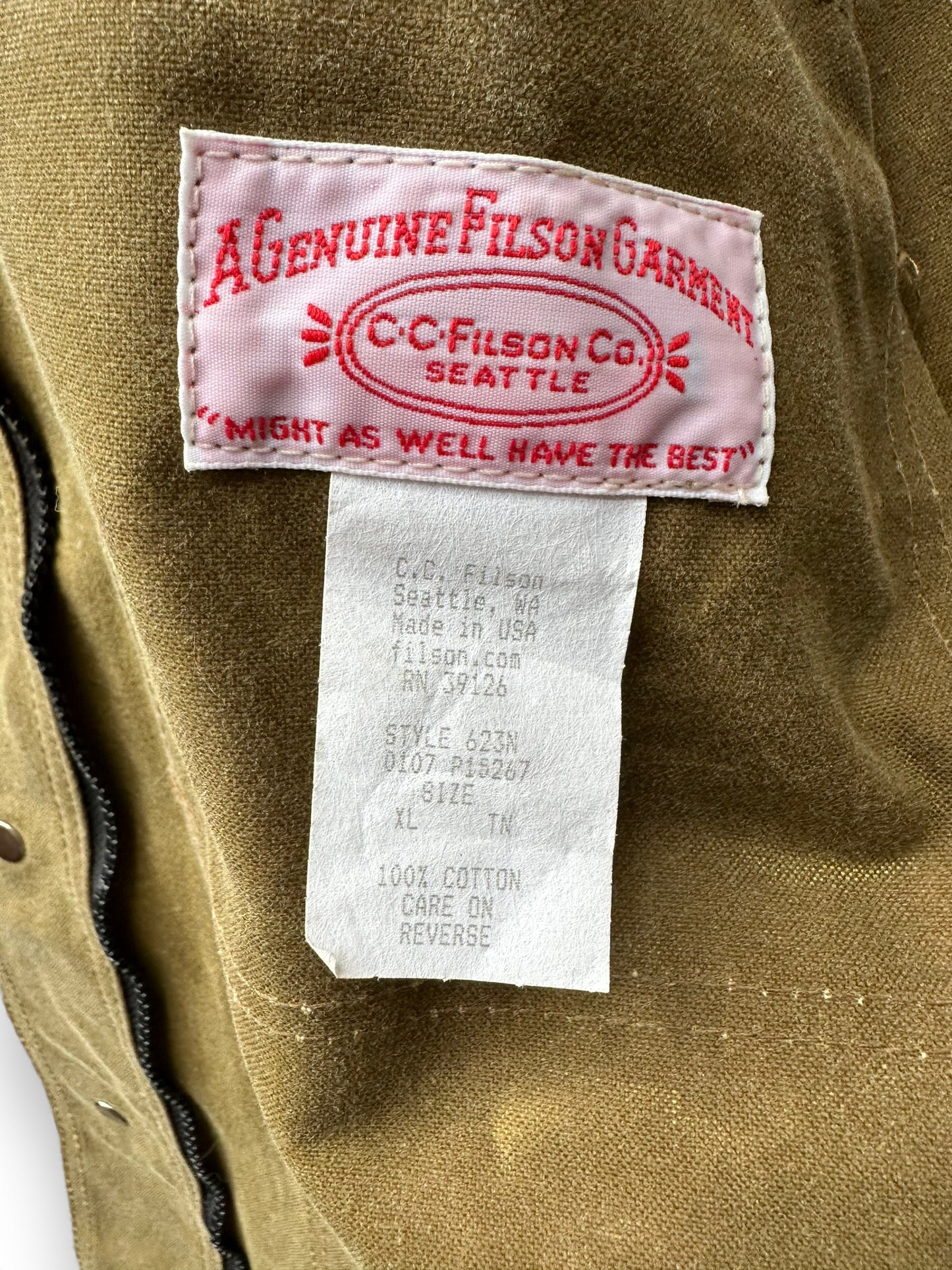 Tag View of Filson Tin Cloth Jacket SZ XL | Barn Owl Vintage Goods | Filson Workwear Seattle