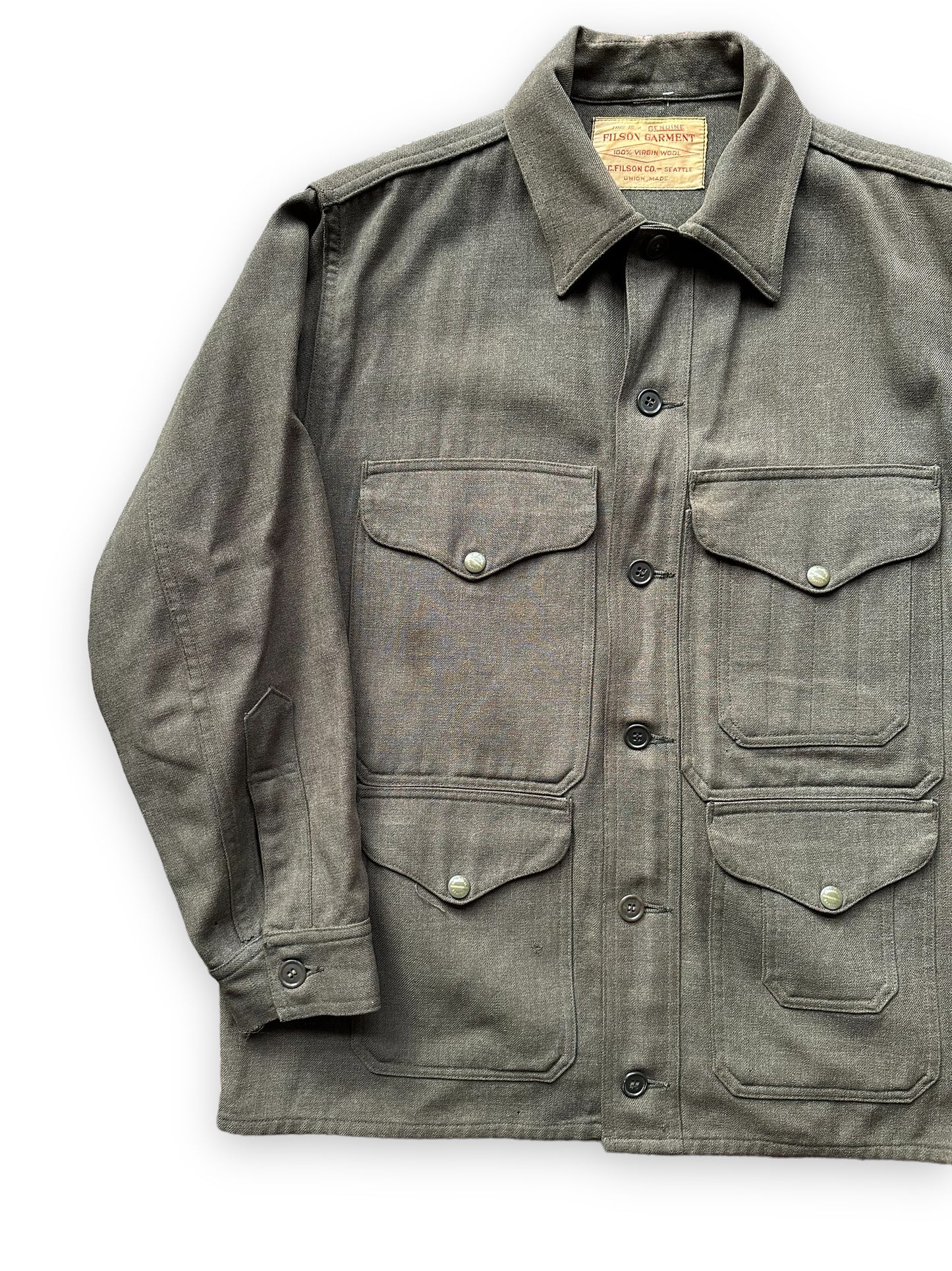 Right Front View of Vintage Union Made Era 50s Filson Forestry Cloth Cruiser SZ 44 | Barn Owl Vintage Goods | Vintage Workwear Seattle