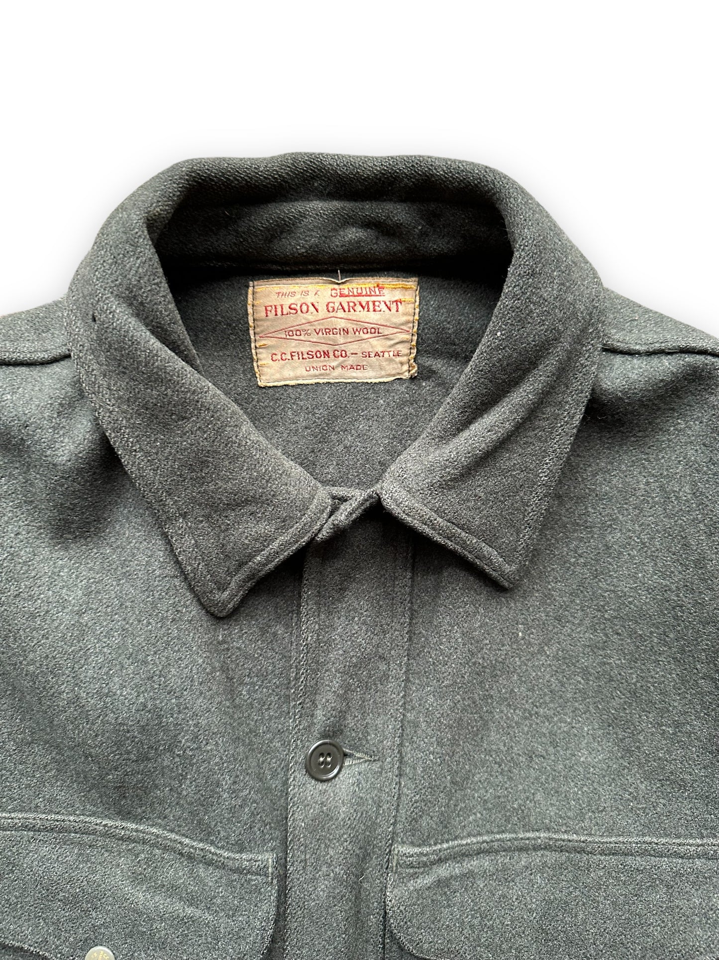 Tag View on Vintage Filson Union Made Era Forest Green Mackinaw Cruiser SZ 46 | Barn Owl Vintage Goods | Vintage Workwear Seattle