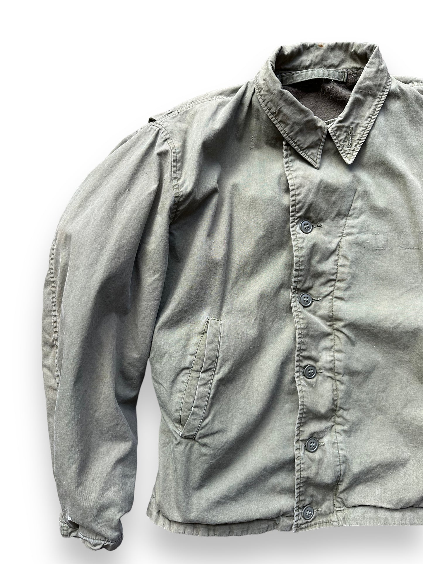 Front Right View of Vintage WWII USN M-41 Field Jacket SZ M | Seattle Vintage Military Gear | Barn Owl Vintage Clothing Seattle