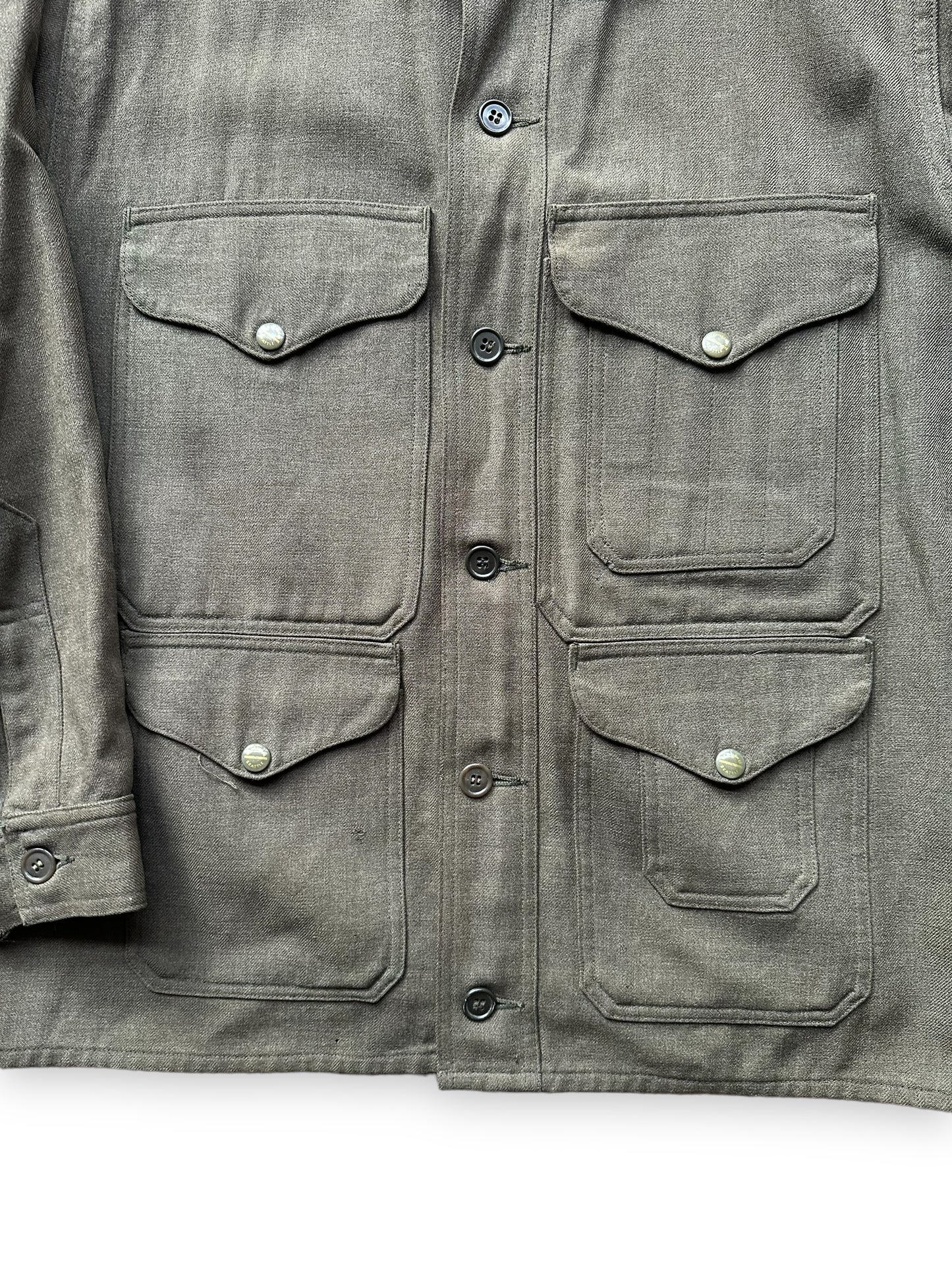 Front Pocket View of Vintage Union Made Era 50s Filson Forestry Cloth Cruiser SZ 44 | Barn Owl Vintage Goods | Vintage Workwear Seattle
