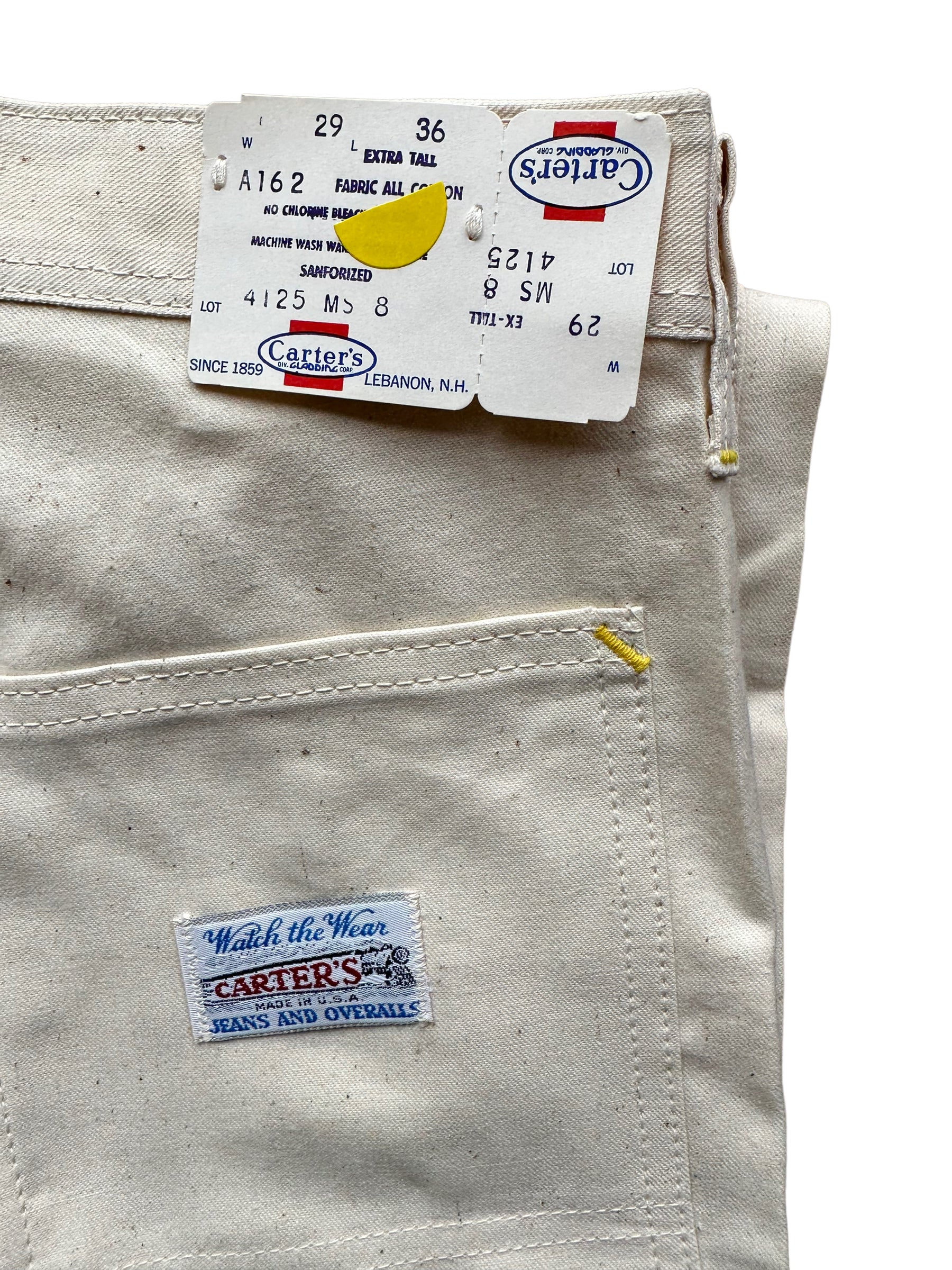 Tag View of NOS Vintage Carter's Ecru Painters Pants W29 L36