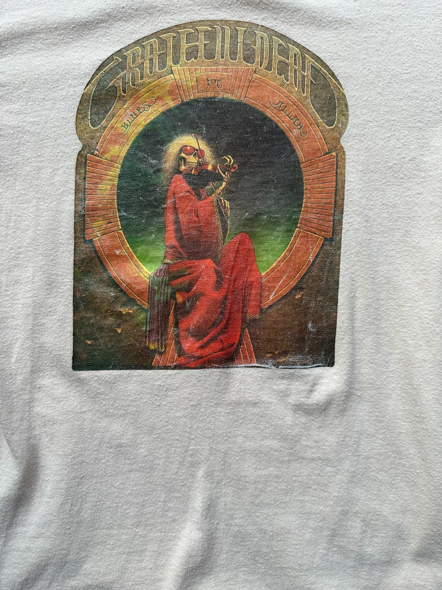 Close Up View of Detail on Vintage Grateful Dead Blues for Allah Cleveland 8-26-80 Tour Tee SZ M | Vintage Grateful Dead Tee Seattle | Barn Owl Vintage