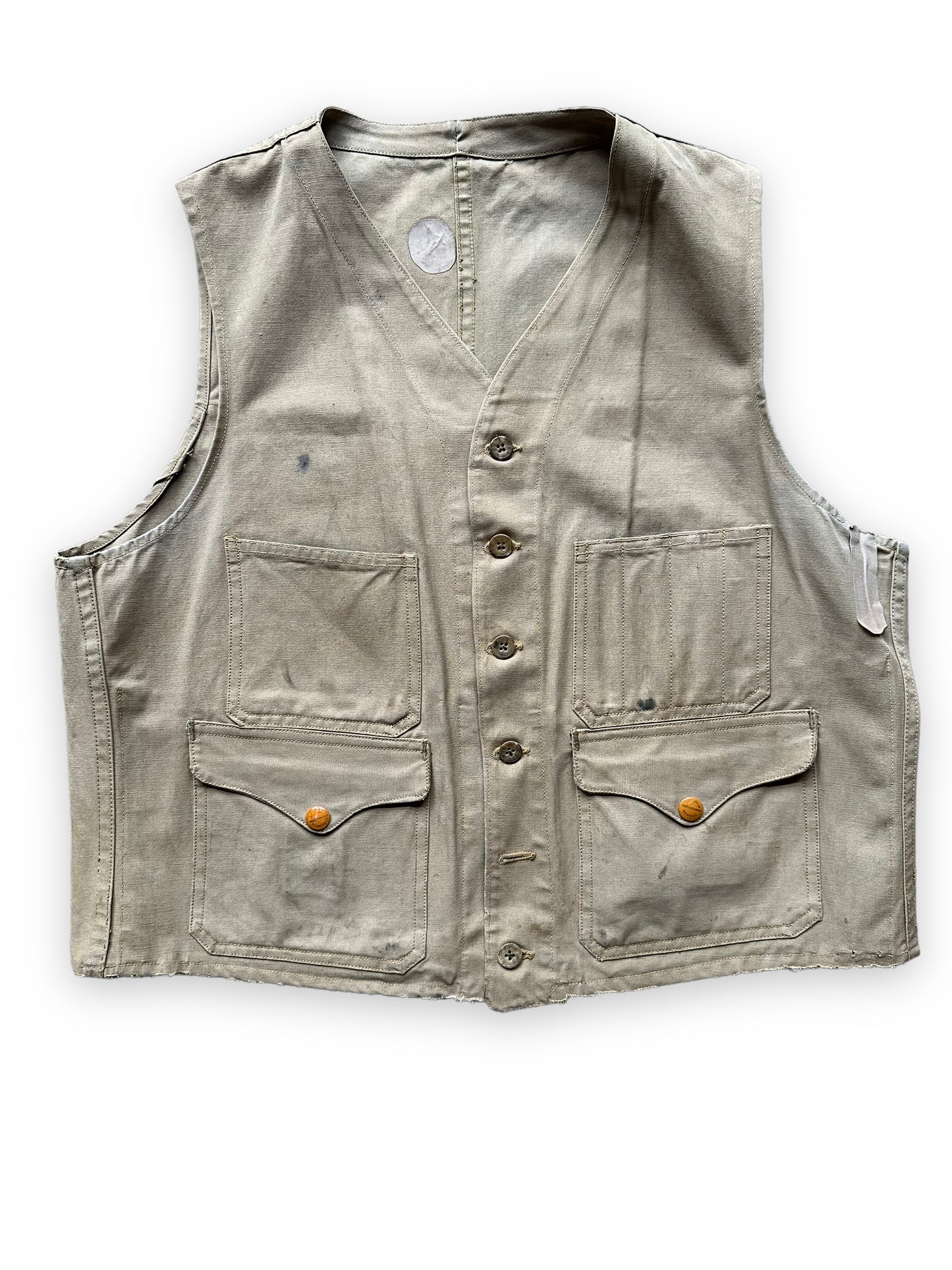 Front View of Vintage 1930s Era Filson FilClo Era Tin Cloth Vest SZ L | FilClo Vintage Workwear | Barn Owl Vintage Seattle