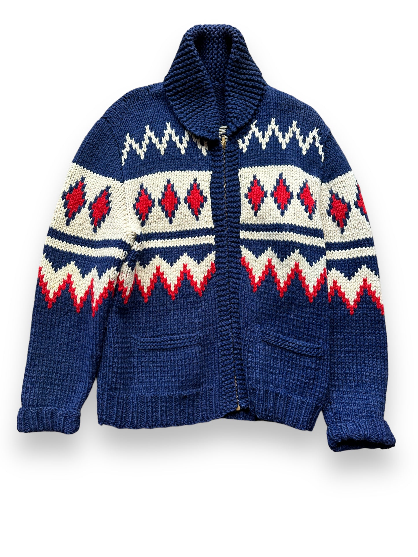 Front View of Vintage Cowichan Style Blue & Red Sweater SZ M | Barn Owl Vintage | Seattle Vintage Sweaters