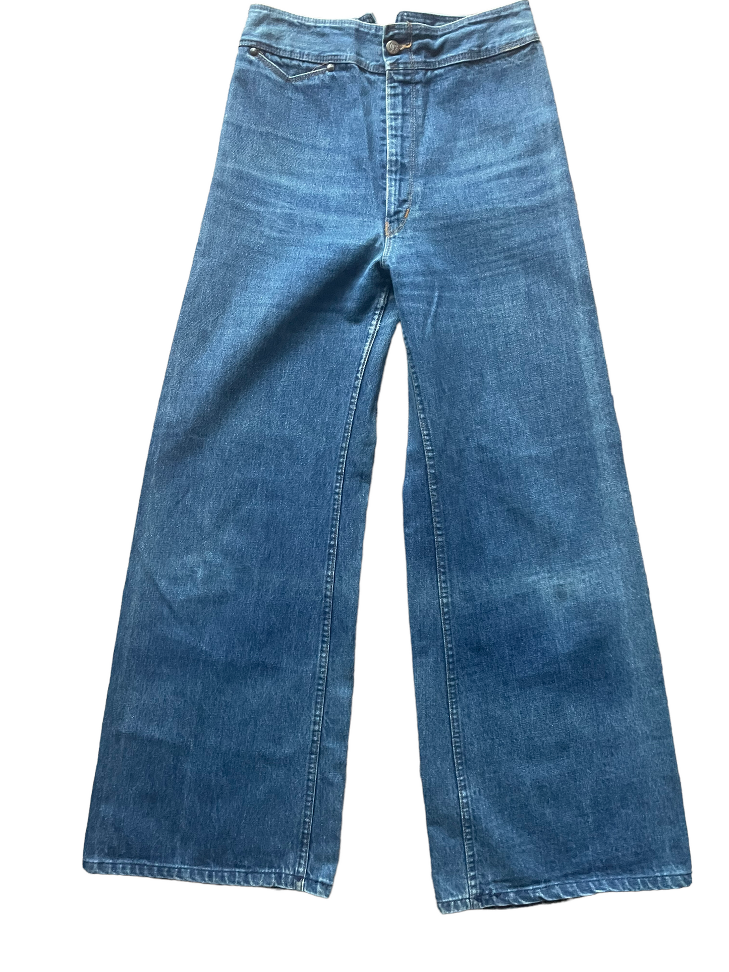 Full front view of Vintage 1970s Pulse By Aero Wide Leg Buckle Back Jeans | Barn Owl Seattle | Vintage Buckle Back Jeans
