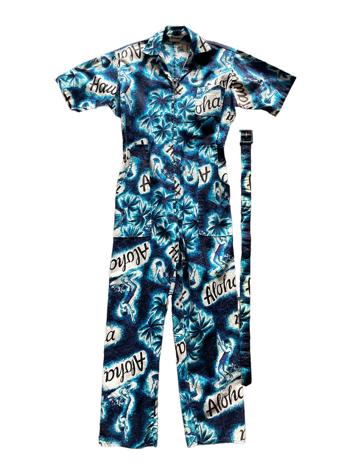 Full front view of Vintage 1950s Mr. Kailua Hawaiian Jumpsuit SZ M-L