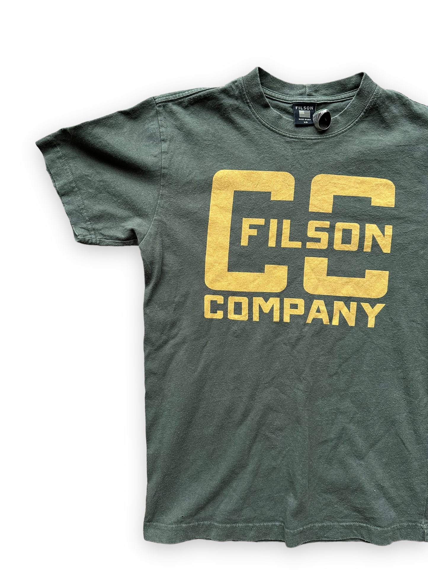 Front Right View of Olive Green Filson Cotton Tee SZ XS | Barn Owl Vintage Goods | Filson Graphic Tees Seattle