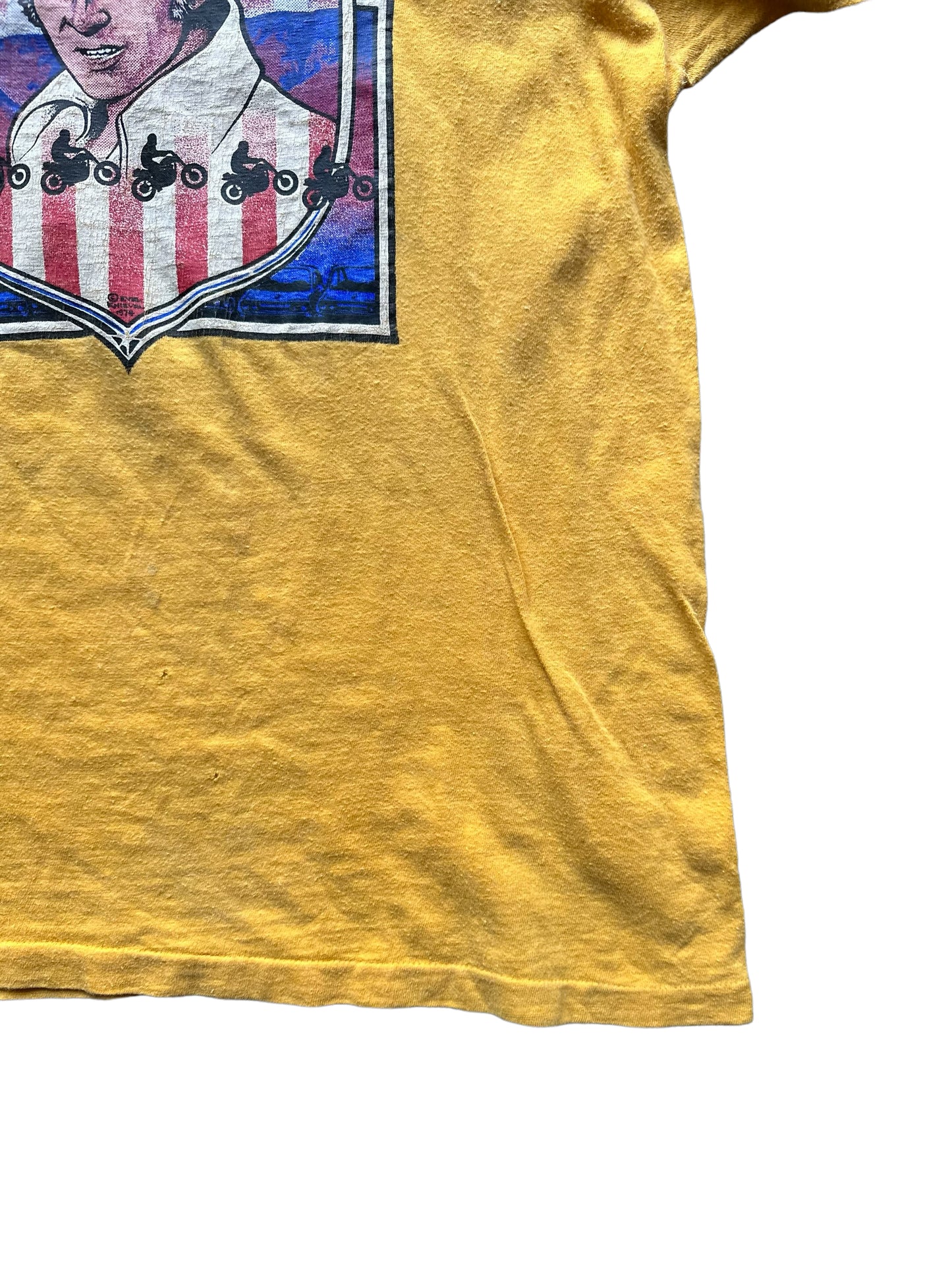 Lower Left Hem on Vintage Evel Knievel Snake River Canyon TShirt |  Vintage Evel Knievel Single Stitch Tee | Barn Owl Vintage Seattle