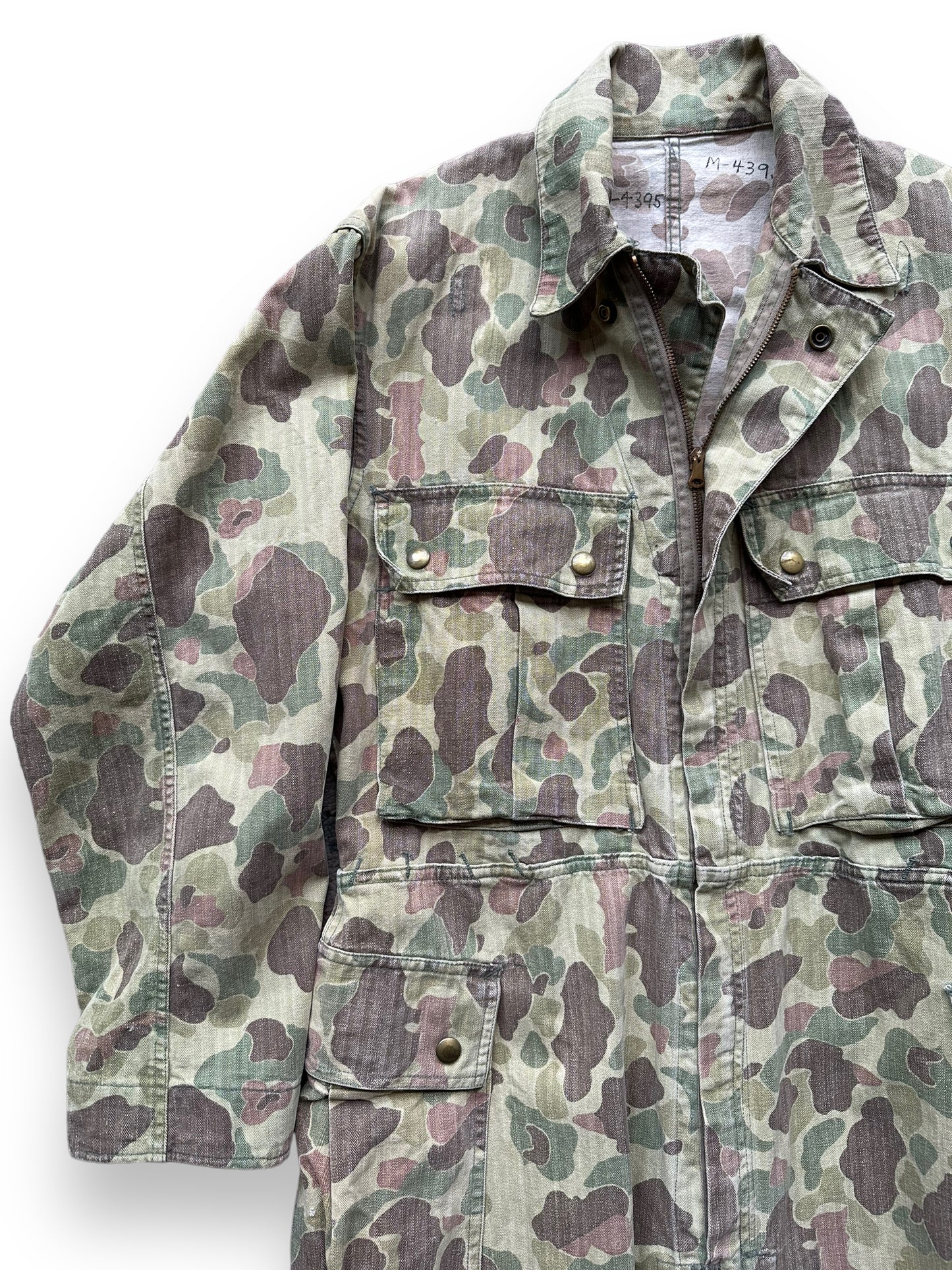 Upper Front Right View of Vintage M-4395 HBT Frogskin Camo Coveralls SZ M | Vintage Frog Skin Camo Pants Seattle | Barn Owl Vintage Workwear