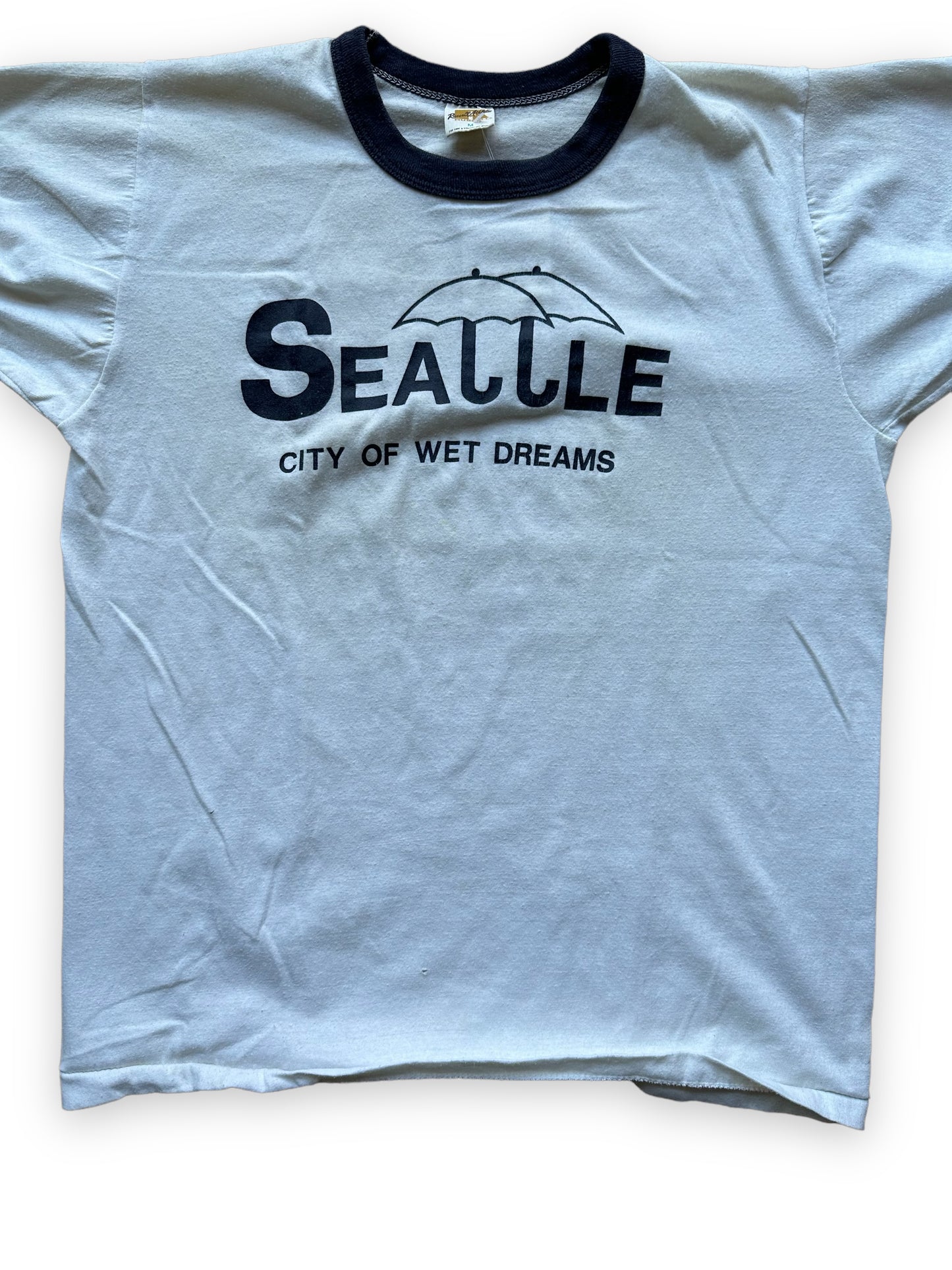 Front Graphic Close Up of Vintage Seattle City of Wet Dreams Ringer Tee SZ M | Vintage Russell Athletic T Shirt | Barn Owl Vintage Seattle