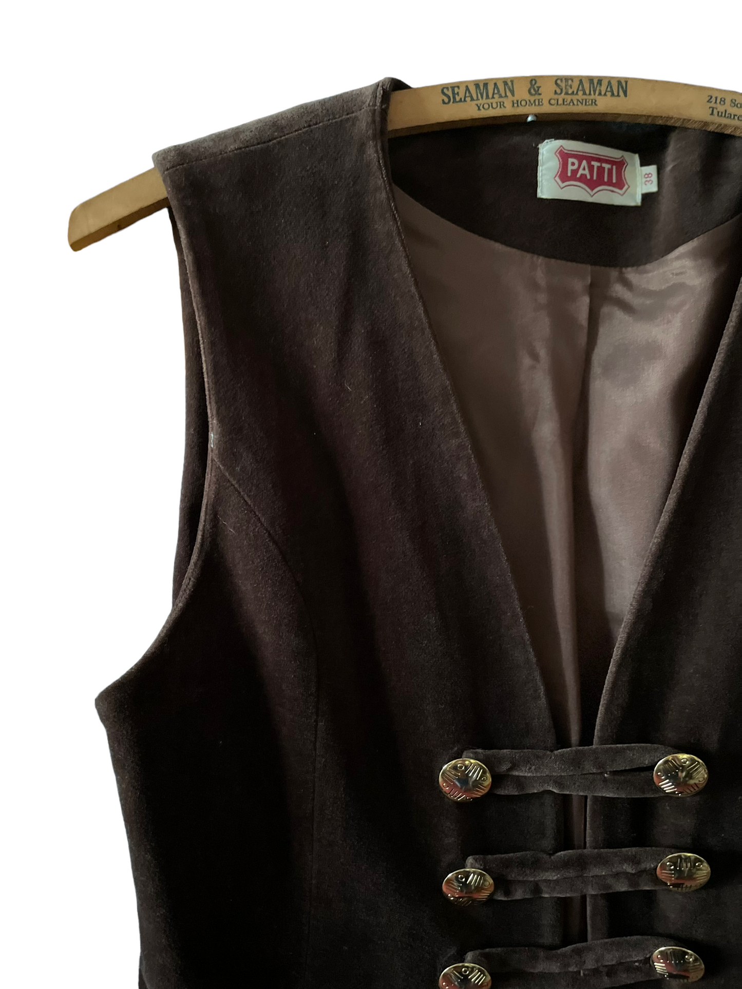 Front right side shoulder of Vintage 1960s Brown Velvet Vest | Barn Owl Seattle | Vintage 1960s Velvet Vests