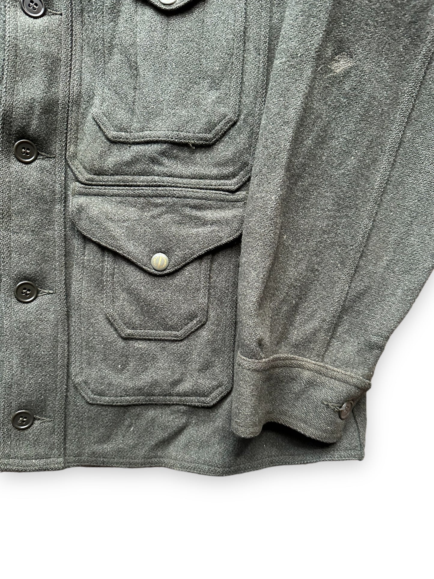 Left Sleeve View on Vintage Filson Union Made Era Forest Green Mackinaw Cruiser SZ 46 | Barn Owl Vintage Goods | Vintage Workwear Seattle