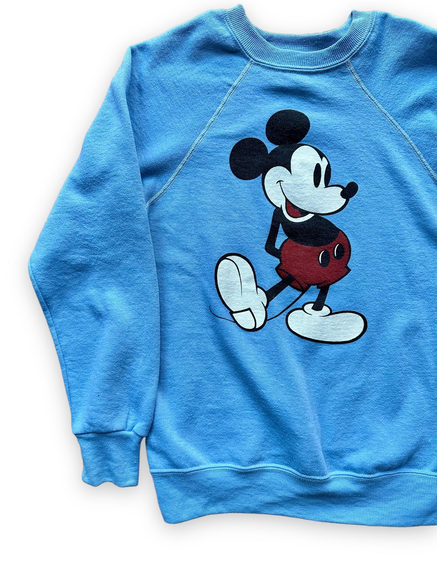 Front Right View of Vintage Disney Mickey Mouse Light Blue Sweatshirt SZ S | Vintage Crewneck Sweatshirt Seattle | Barn Owl Vintage Seattle