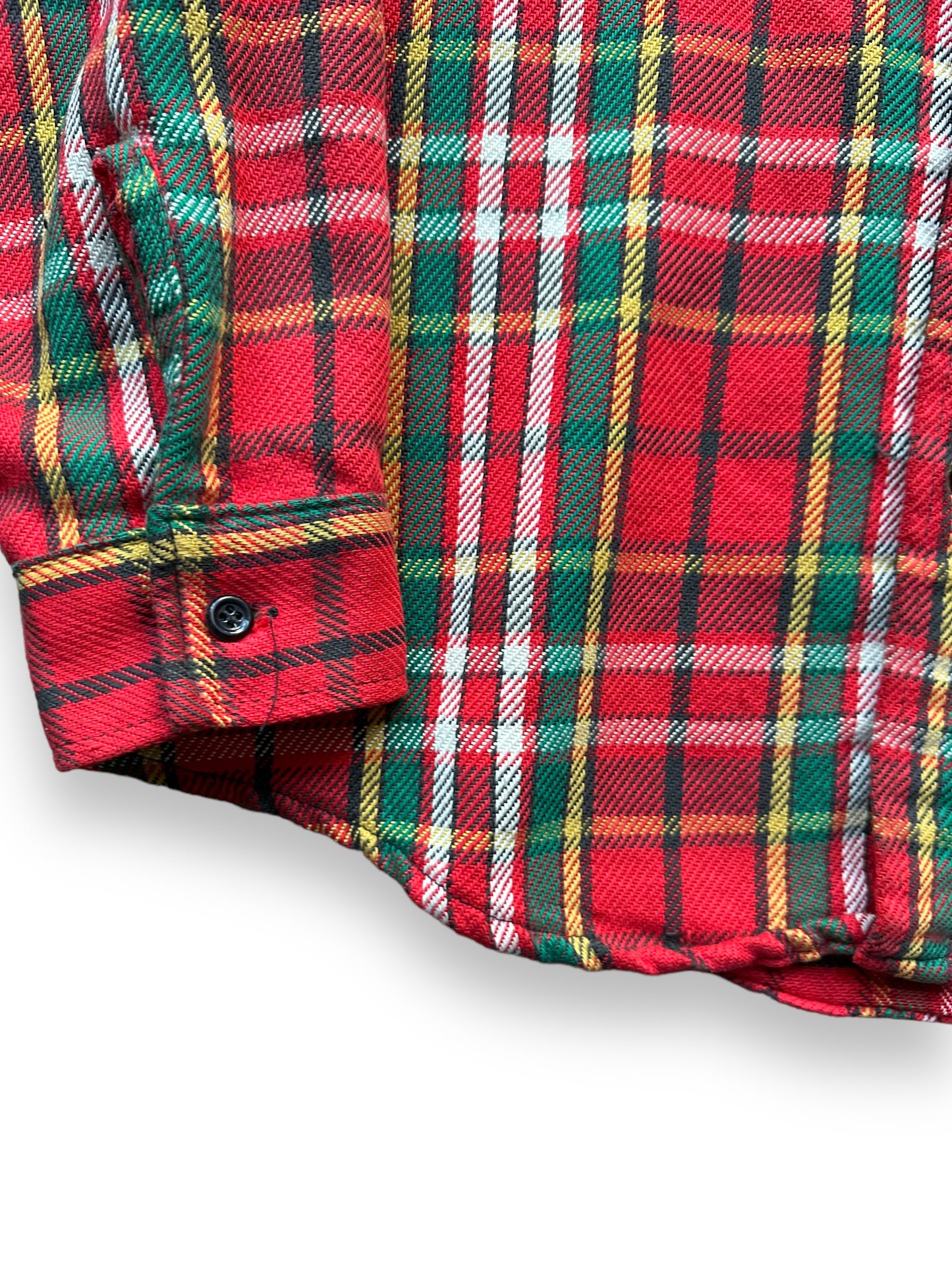 Front Right Cuff with Fraying on Vintage 5 Brothers Red and Green Cotton Flannel SZ M | Vintage Cotton Flannel Seattle | Barn Owl Vintage Seattle