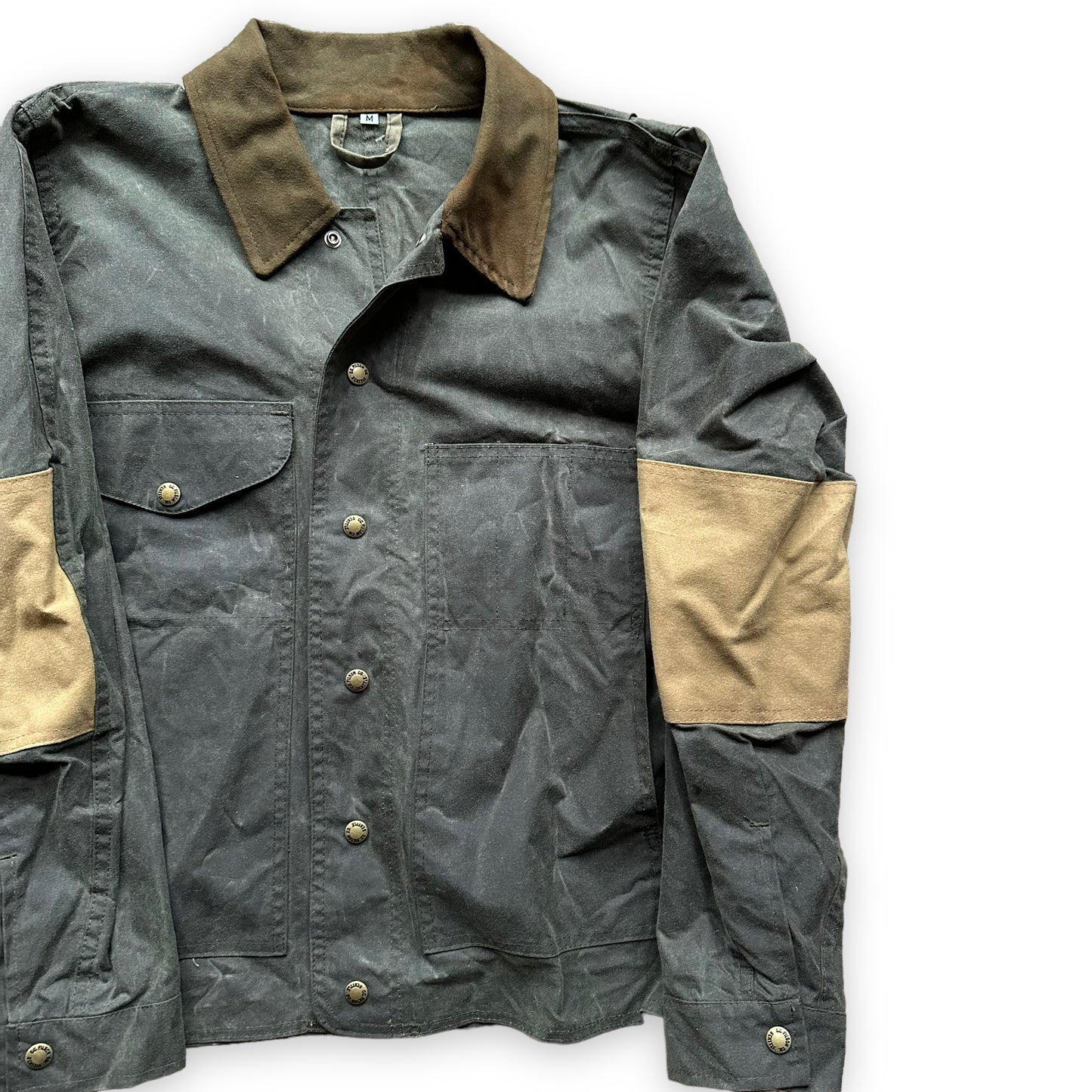 Front Left View on Vintage Otter Green Filson Shooting Jacket Style 420 SZ M | Filson Tin Cloth Jackets Seattle | Barn Owl Vintage