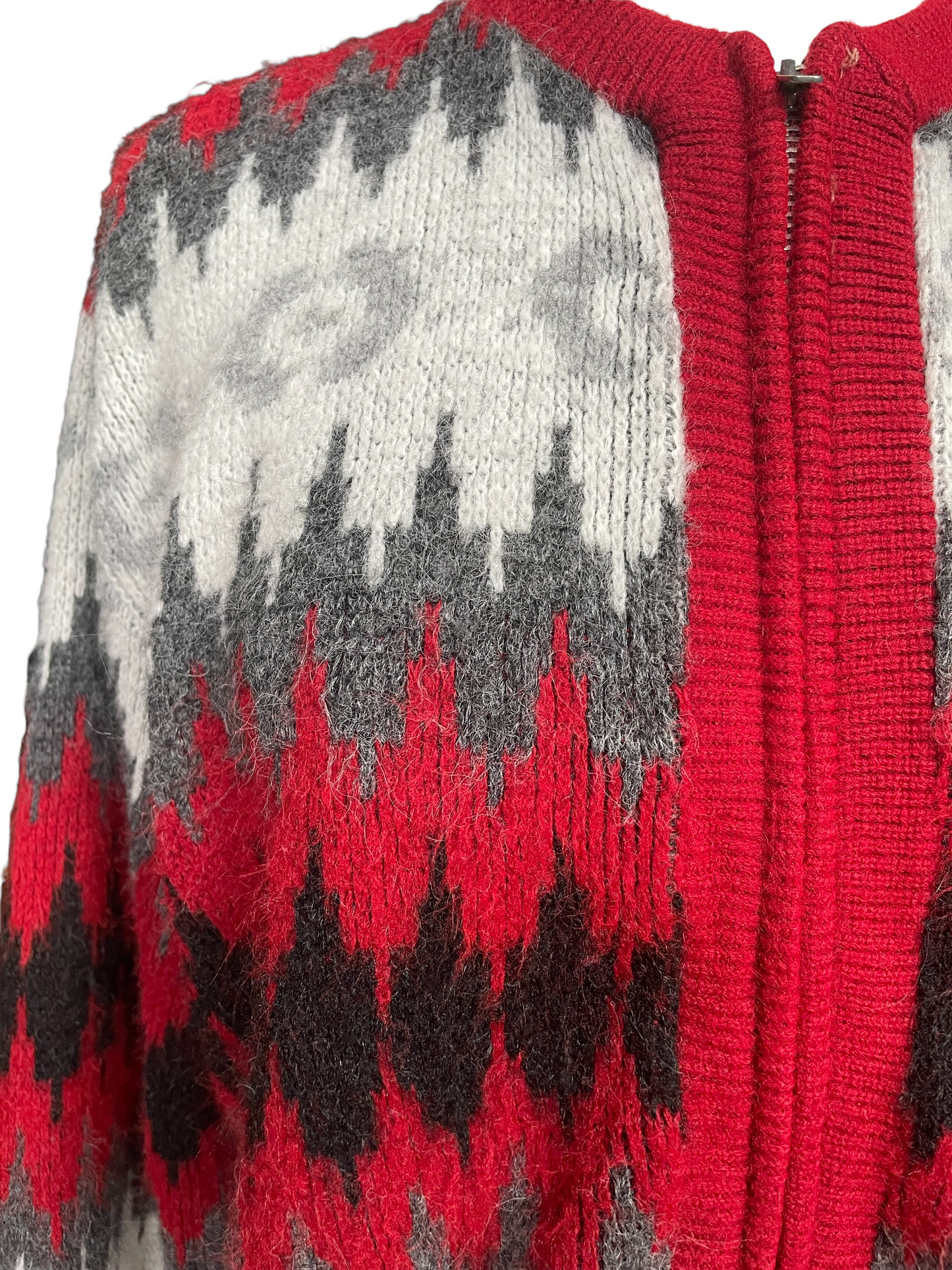 Upper Front Right Side Shoulder View of Vintage 1960s Campus Mohair Cardigan Sweater SZ L | Barn Owl Vintage | Vintage Mohair Sweaters Seattle
