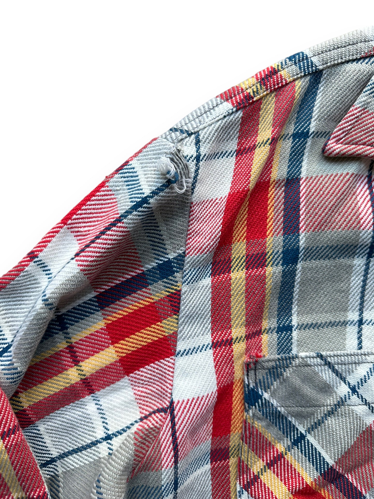 Small Hole in Right Shoulder of Vintage Grey, Red, Yellow & Blue Big Mac Cotton Flannel SZ L Tall | Vintage Cotton Flannel Seattle | Barn Owl Vintage Seattle