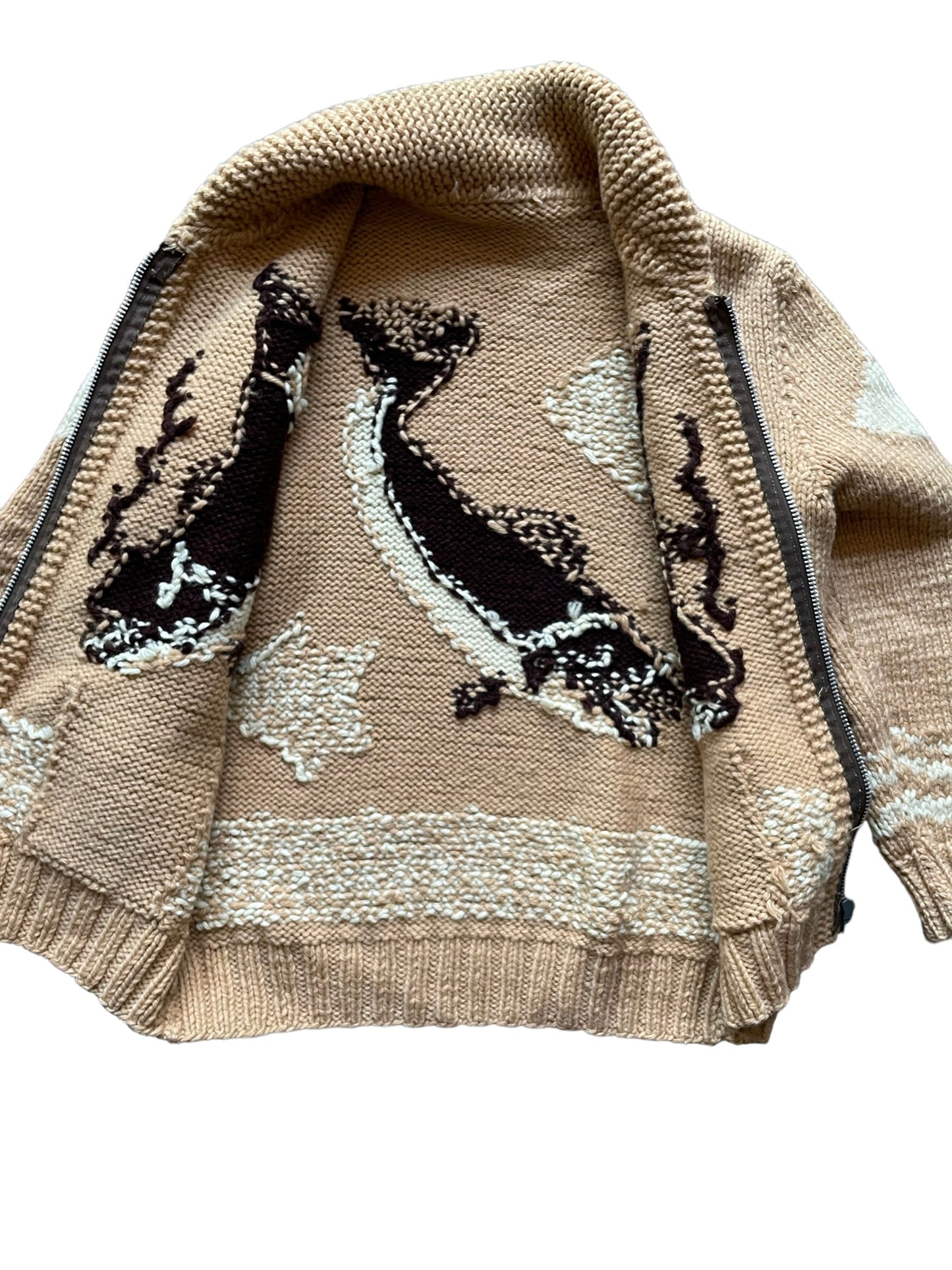 vintage cowichan style salmon sweater front view open sweater barn owl vintage seattle true vintage