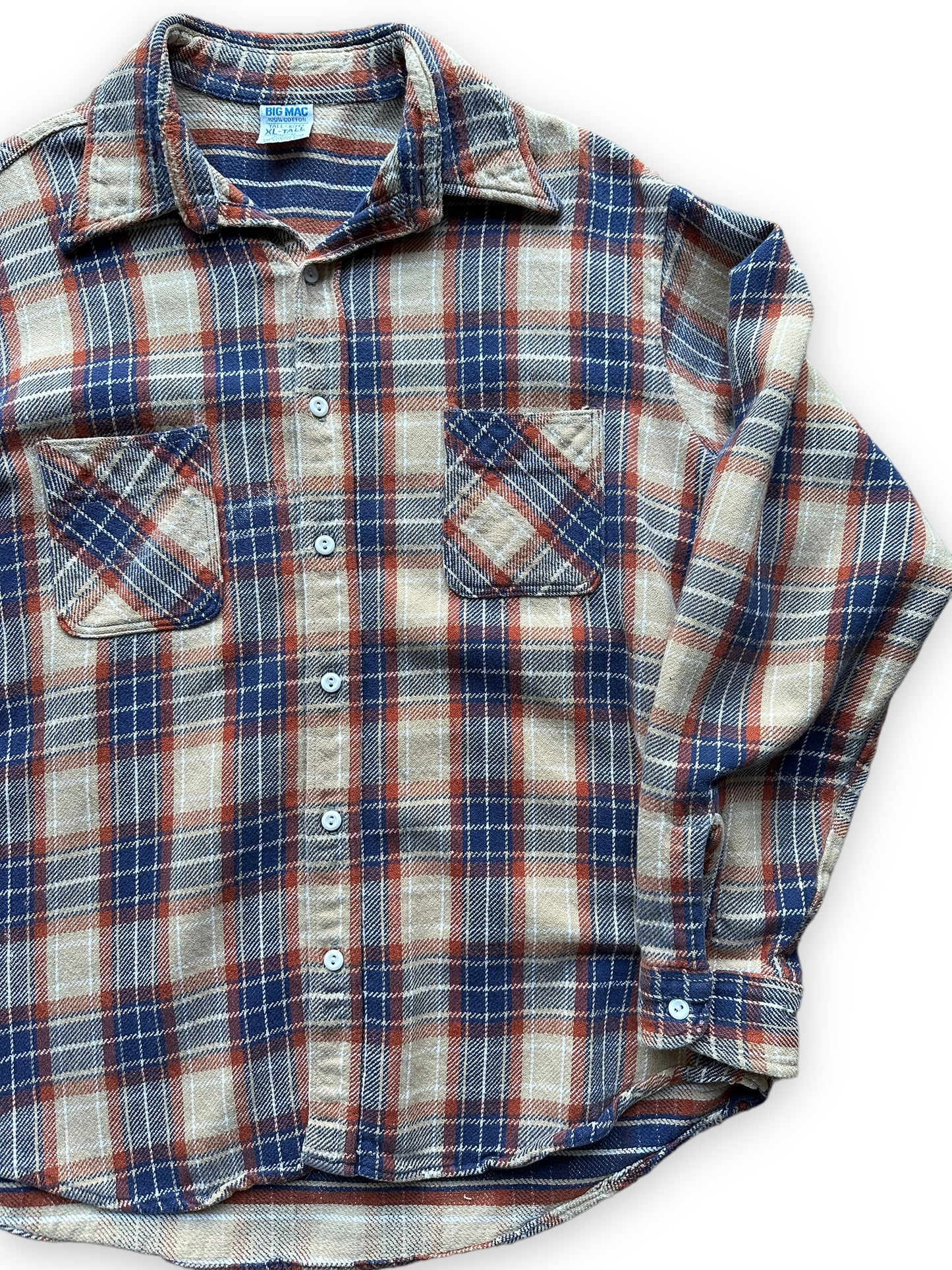 Front Left View of Vintage Tan & Blue Big Mac Cotton Flannel SZ XL Tall | Barn Owl Vintage Seattle | Vintage Cotton Flannel Seattle