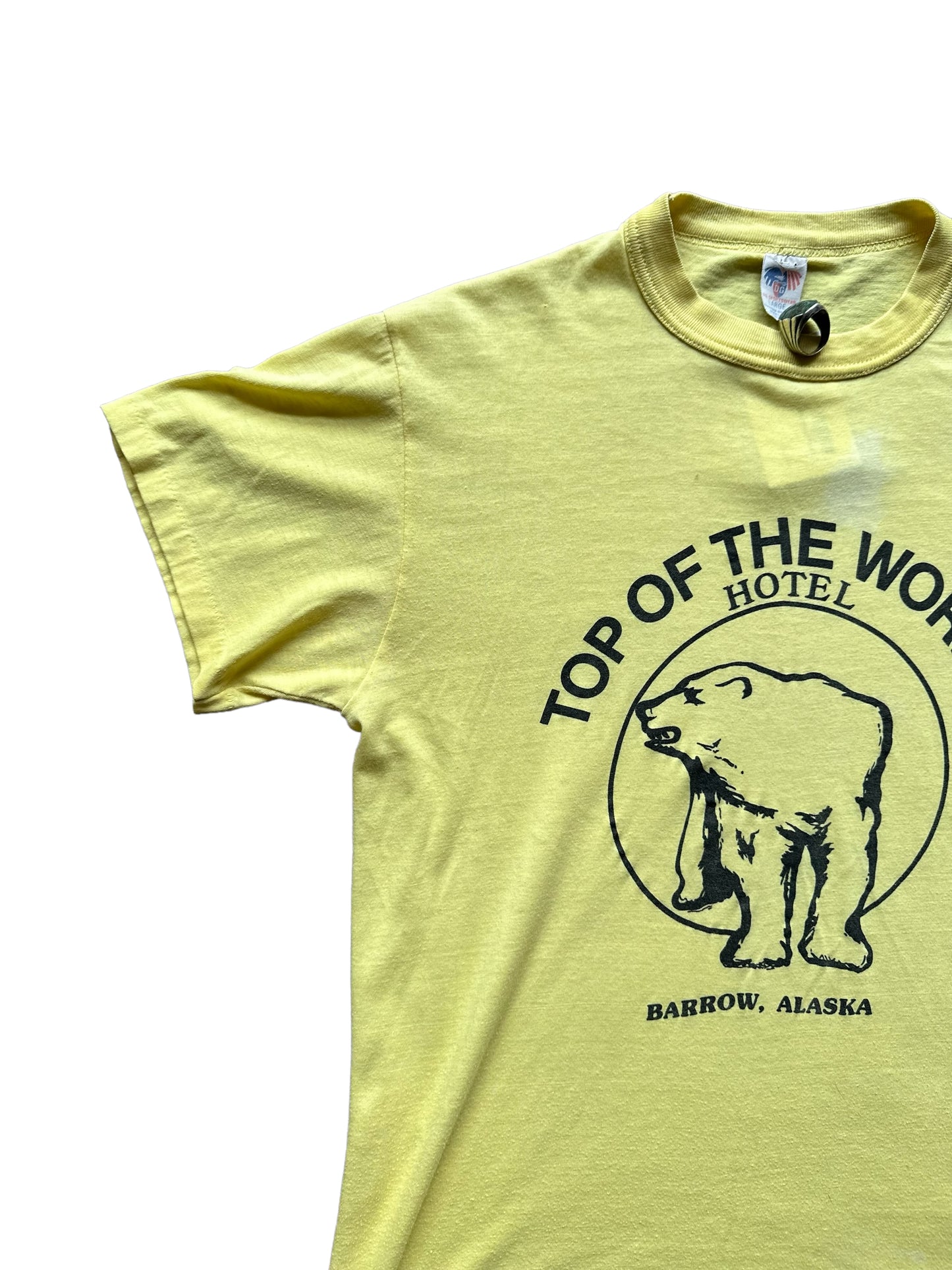 Front Right View on Vintage Alaska Single Stitch Top of the World Hotel Tee | Vintage Alaska T Shirt | Barn Owl Vintage Seattle