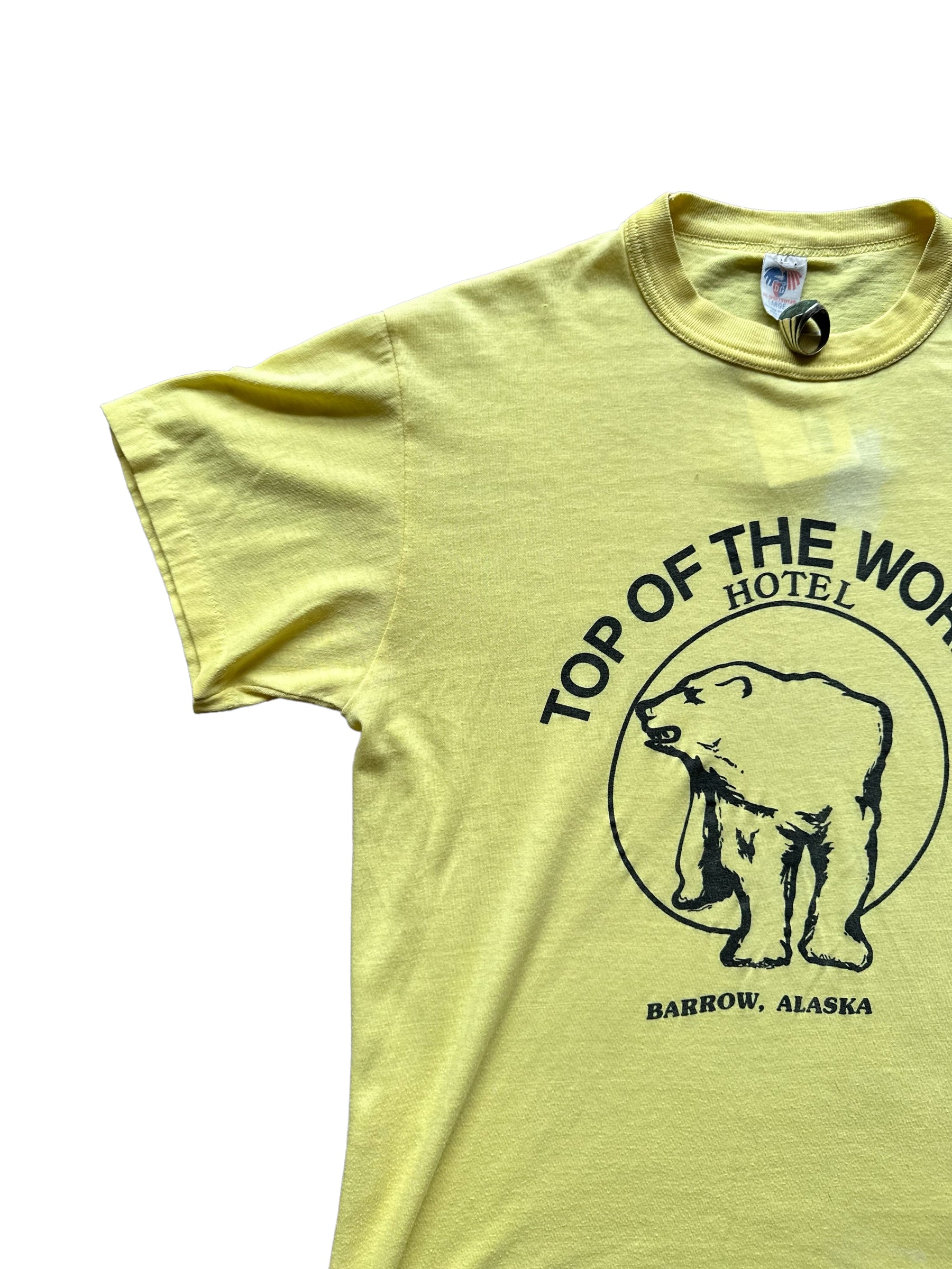 Front Right View on Vintage Alaska Single Stitch Top of the World Hotel Tee |  Vintage Alaska T Shirt | Barn Owl Vintage Seattle