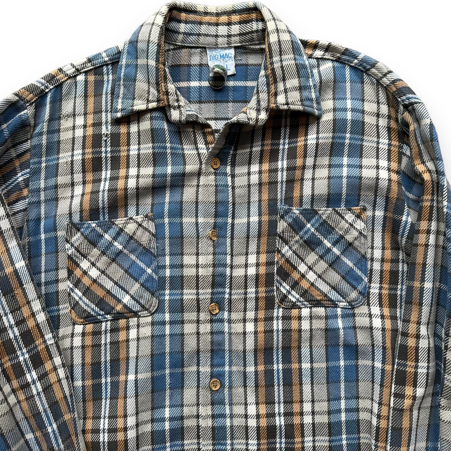 Upper Front View of Vintage Blue Grey & Brown Big Mac Cotton Flannel SZ L | Vintage Cotton Flannel Seattle | Barn Owl Vintage Seattle