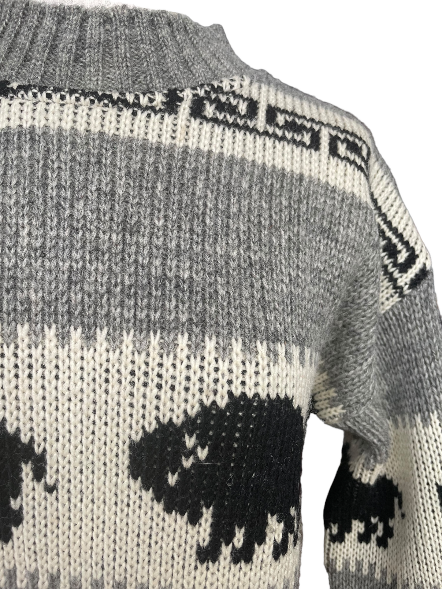 Vintage Brown Bison Wool Sweater Left front shoulder close up view.