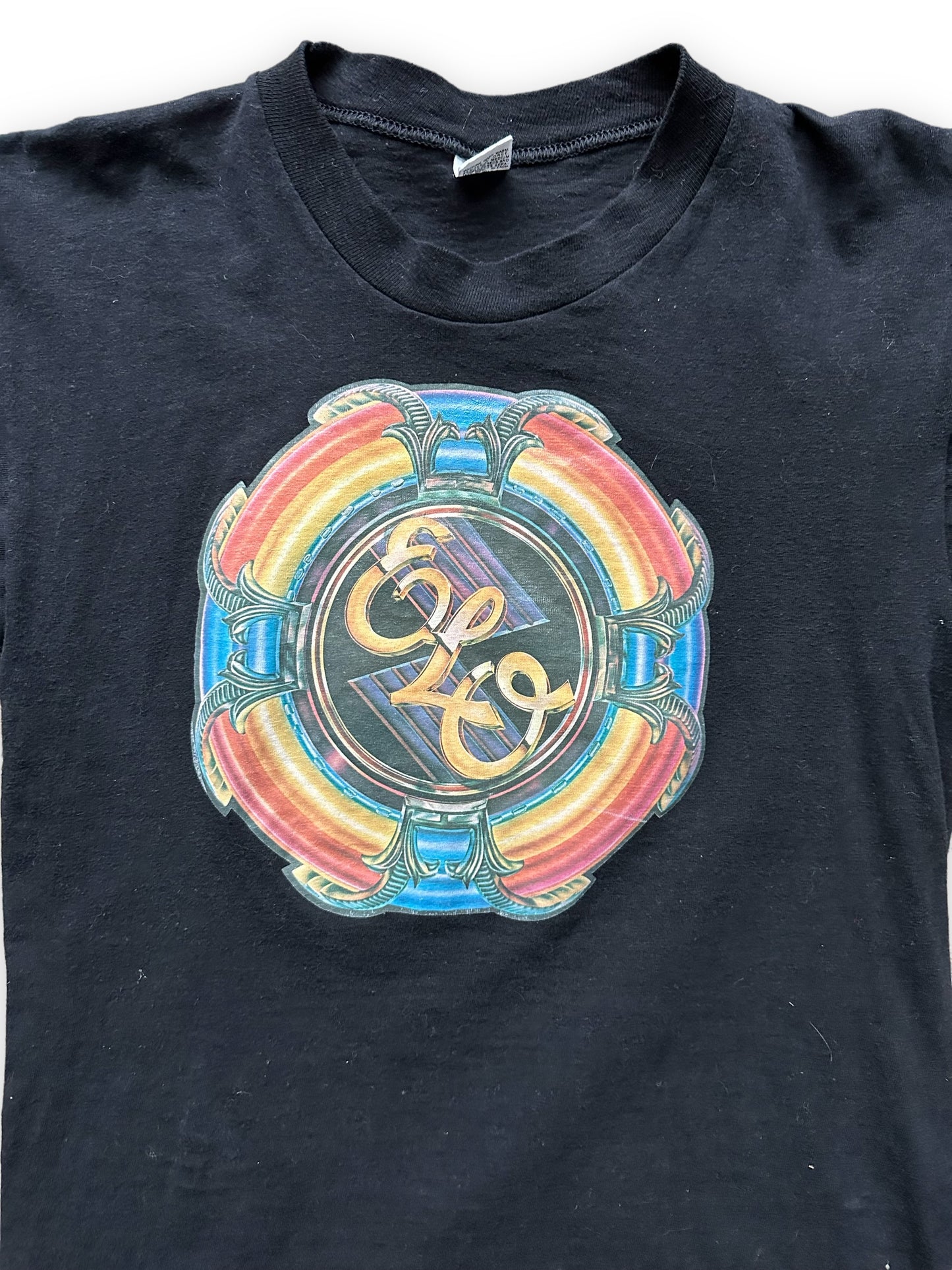 Close Up Front Detail on Vintage Electric Light Orchestra A New World Record Promotional Tee SZ M | Vintage Jeff Lynne ELO Tee | Barn Owl Vintage Clothing Seattle