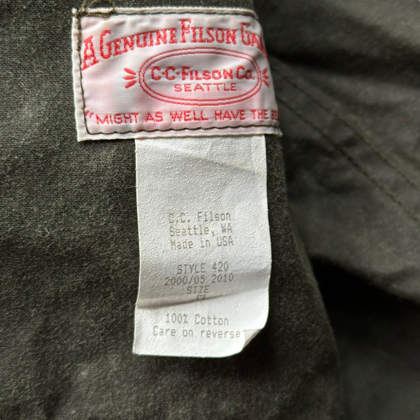 Production Tag on Vintage Otter Green Filson Shooting Jacket Style 420 SZ M | Filson Tin Cloth Jackets Seattle | Barn Owl Vintage
