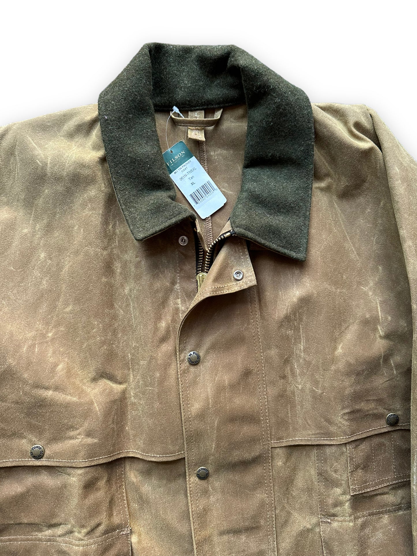 Upper Front View of NWT Filson Tin Packer Coat SZ XL |  Barn Owl Vintage Goods Filson | Vintage Filson Tin Cloth Workwear Seattle